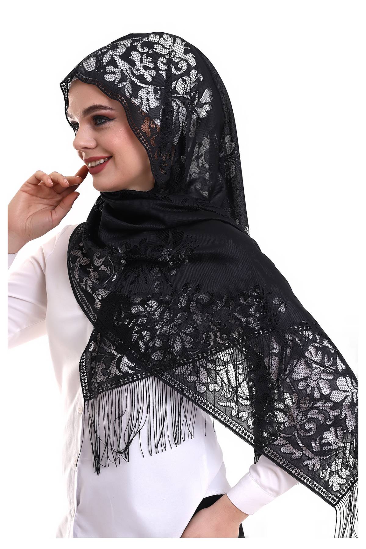 Delicate Tulle Scarf with Lace & Fringe | Lightweight Islamic Tulle Shawl Hijab for Women - Ihvan