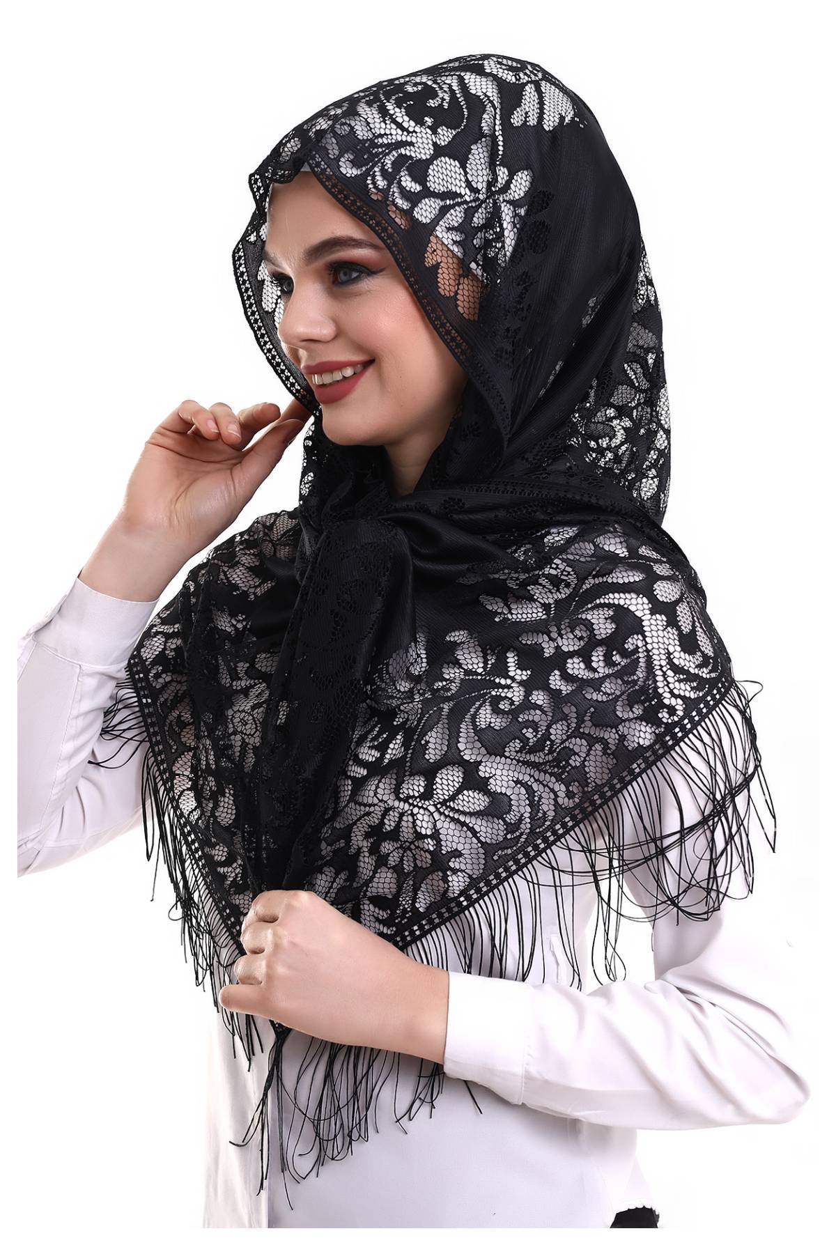Delicate Tulle Scarf with Lace & Fringe | Lightweight Islamic Tulle Shawl Hijab for Women - Ihvan