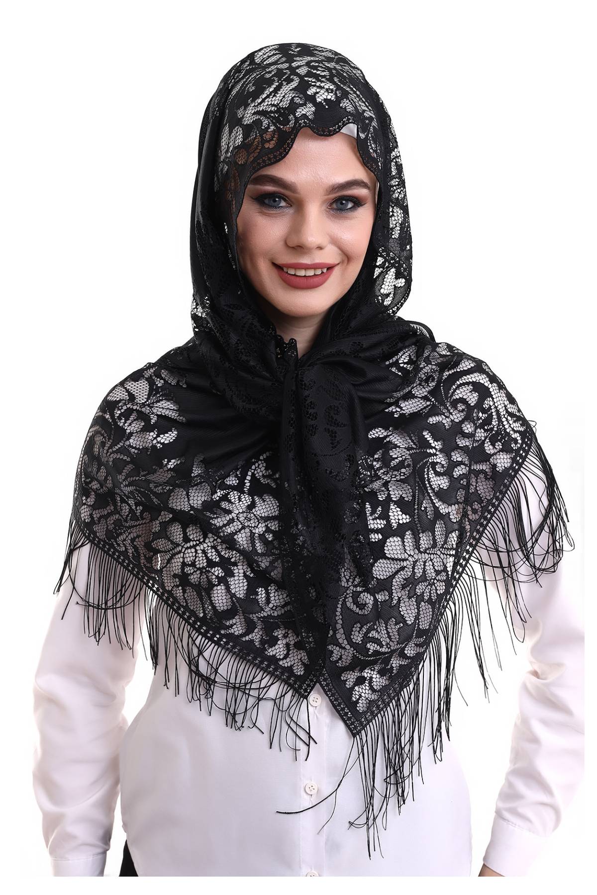 Delicate Tulle Scarf with Lace & Fringe | Lightweight Islamic Tulle Shawl Hijab for Women - Ihvan