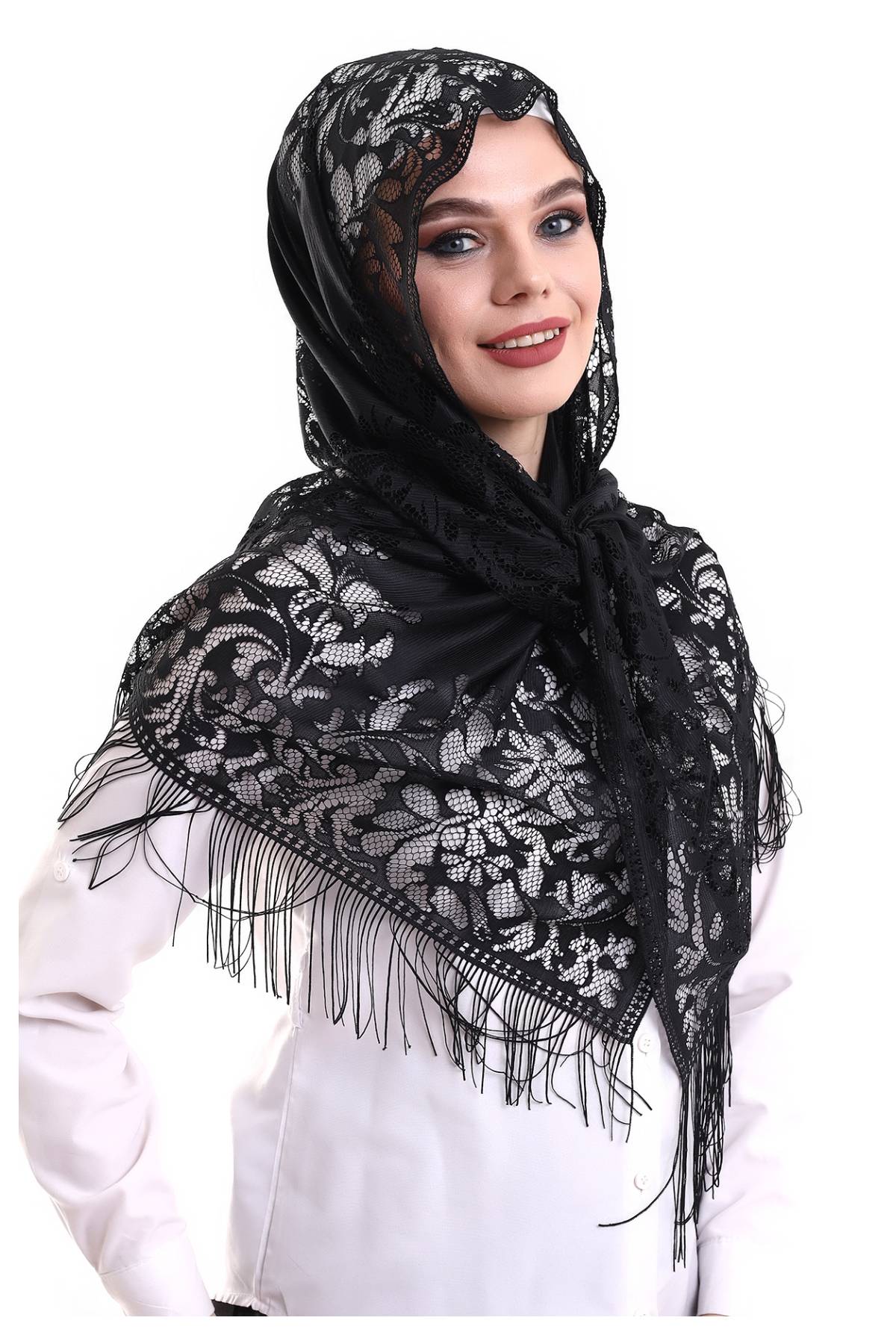 Delicate Tulle Scarf with Lace & Fringe | Lightweight Islamic Tulle Shawl Hijab for Women - Ihvan