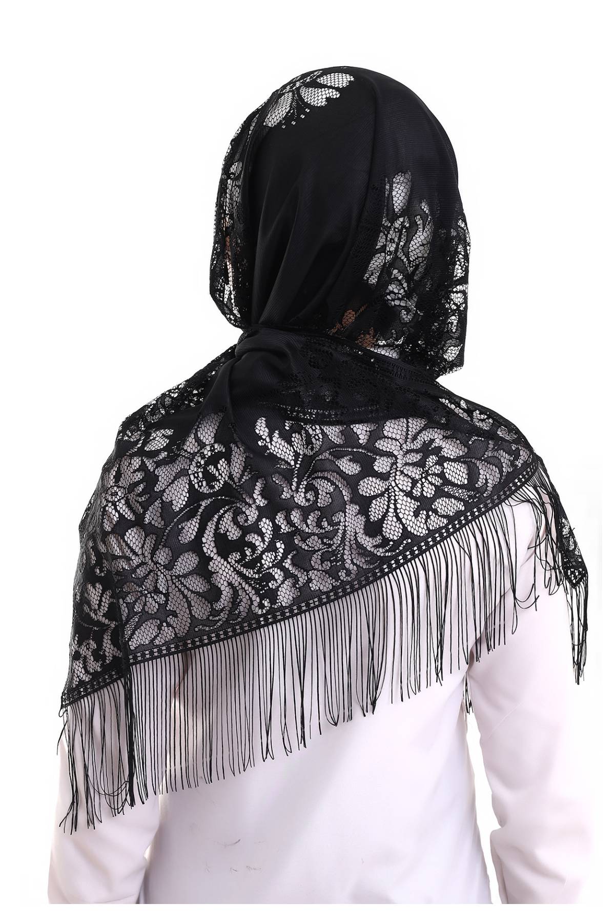 Delicate Tulle Scarf with Lace & Fringe | Lightweight Islamic Tulle Shawl Hijab for Women - Ihvan
