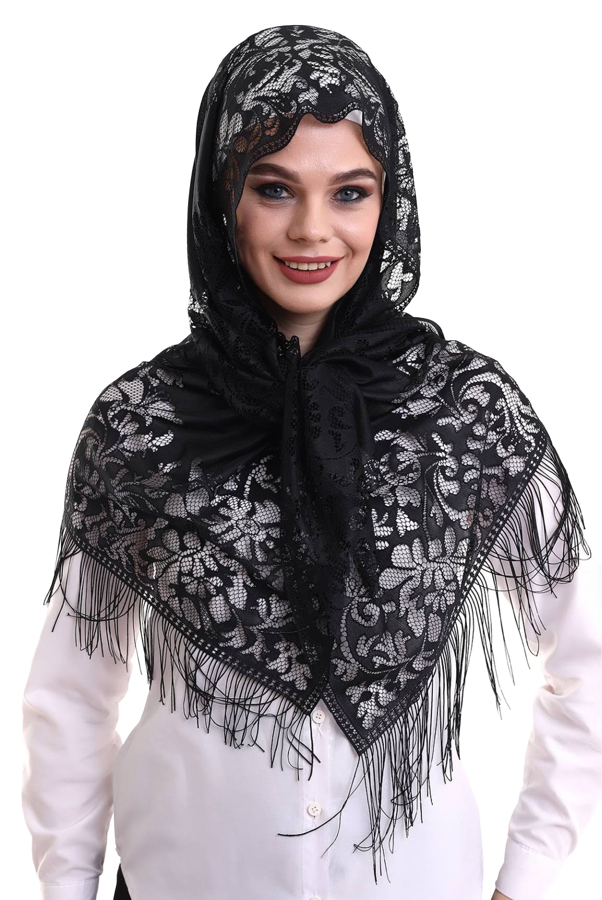 Delicate Tulle Scarf with Lace & Fringe | Lightweight Islamic Tulle Shawl Hijab for Women - Ihvan