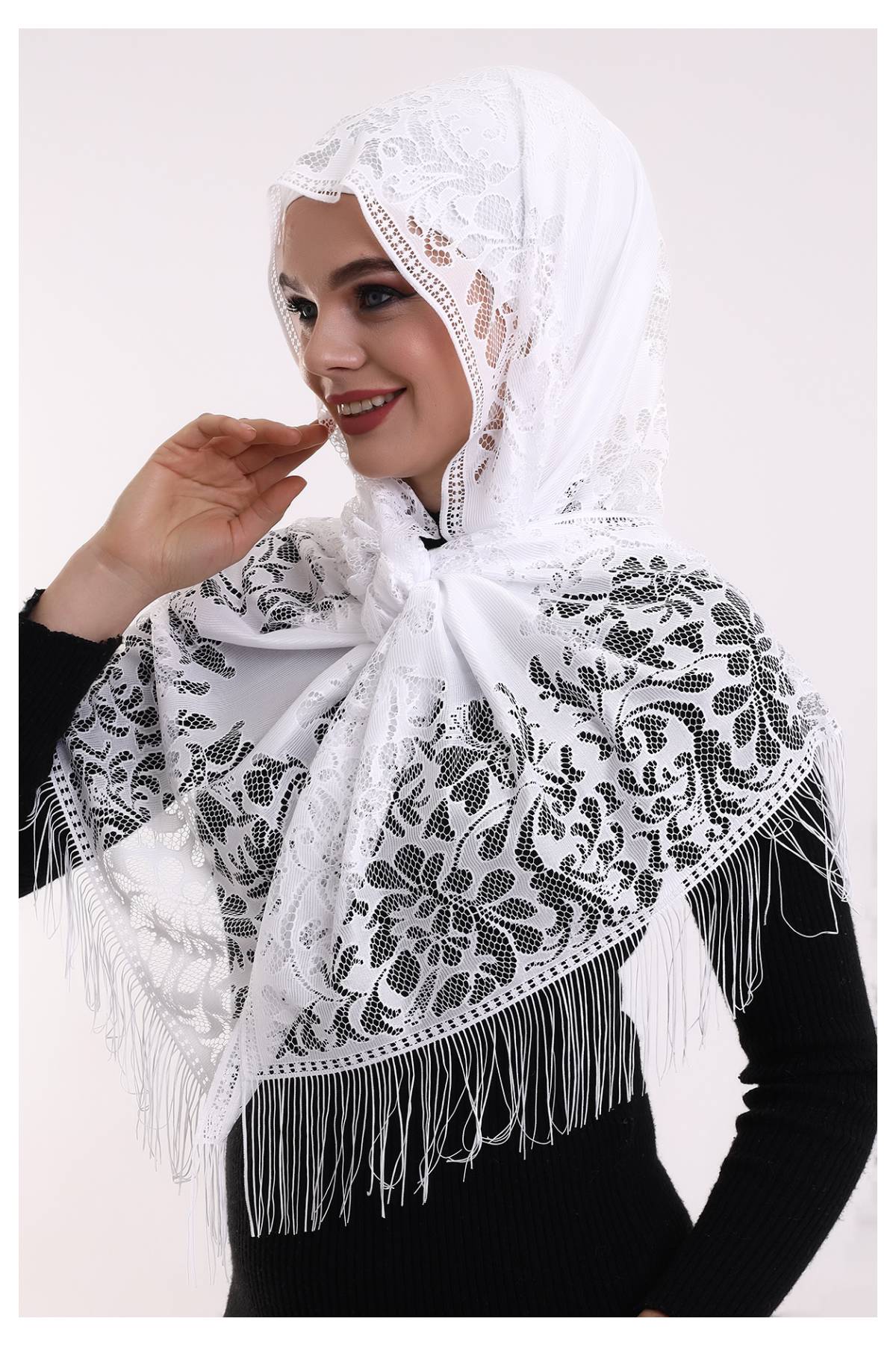 Delicate Tulle Scarf with Lace & Fringe | Lightweight Islamic Tulle Shawl Hijab for Women - Ihvan