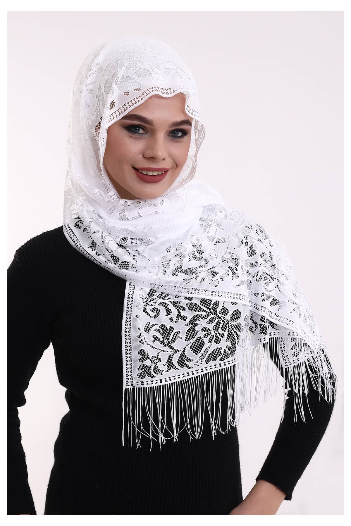 Delicate Tulle Scarf with Lace & Fringe | Lightweight Islamic Tulle Shawl Hijab for Women - Ihvan