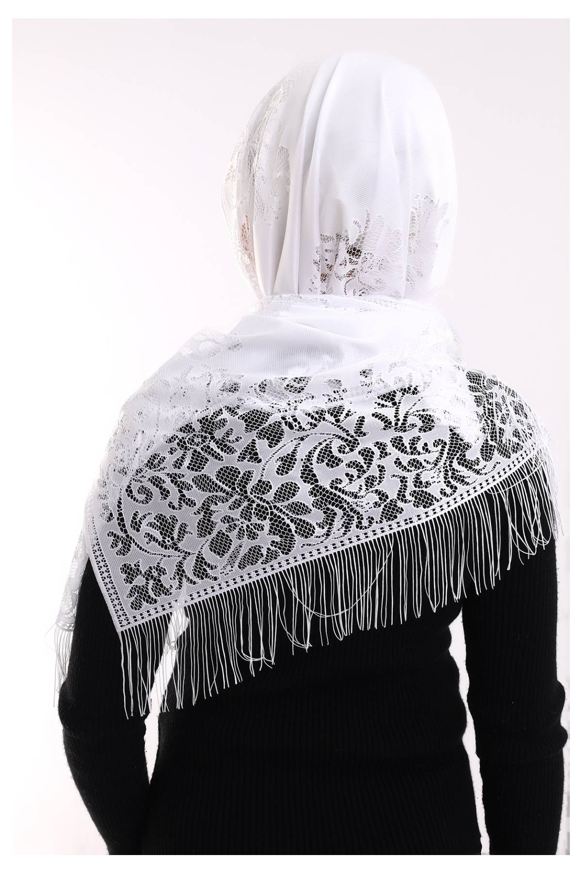 Delicate Tulle Scarf with Lace & Fringe | Lightweight Islamic Tulle Shawl Hijab for Women - Ihvan