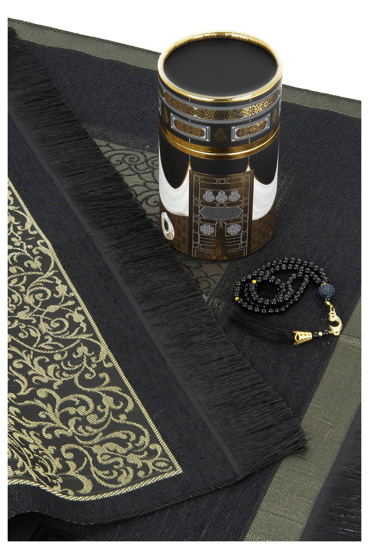 Kaaba Design Muslim Prayer Rug Gift Set (Sajadah | Tasbih | Cylinder Box) - Ihvan