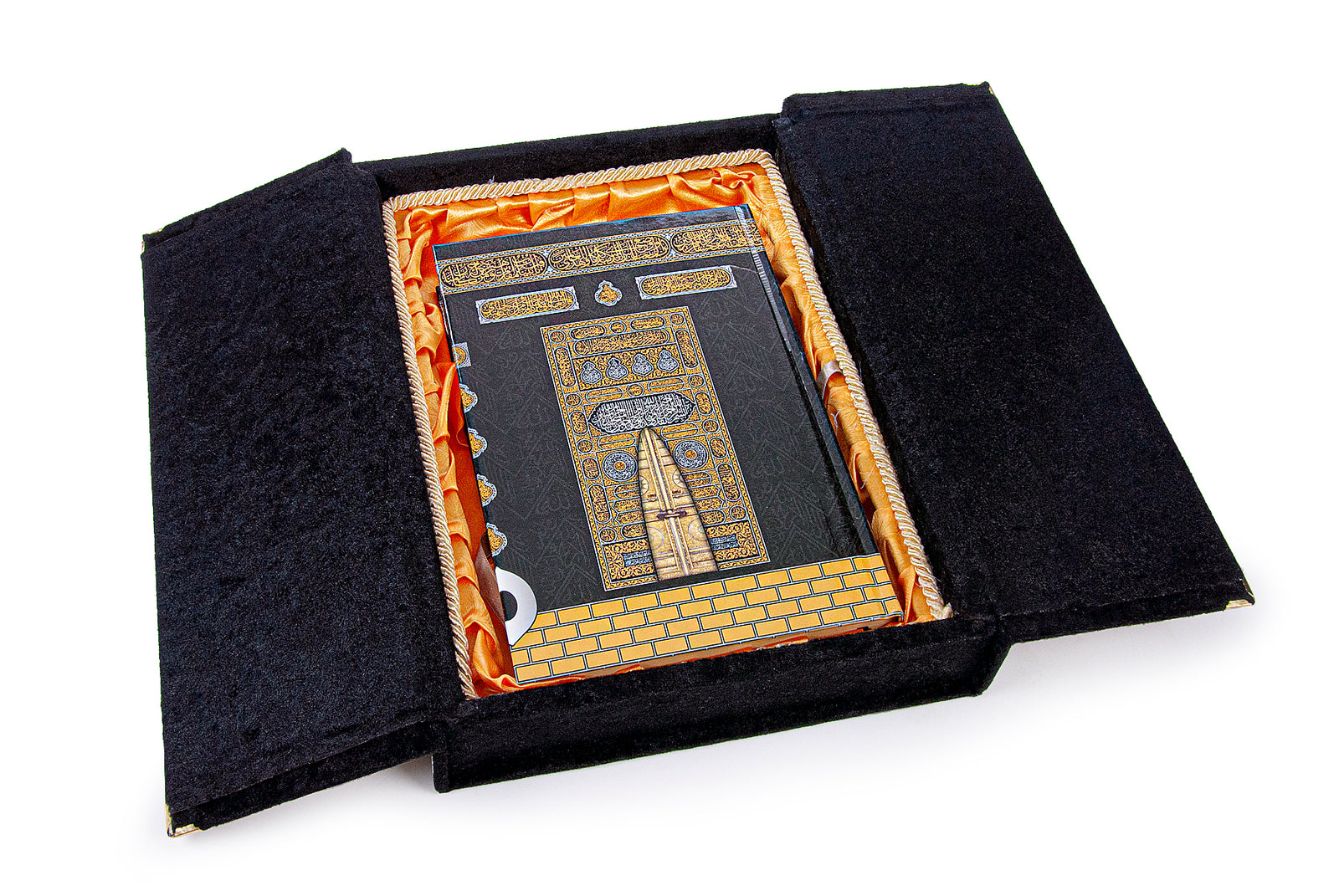 Velvet Covered Holy Quran Set and Kaaba Door Paterned Box with Stand - ihvan