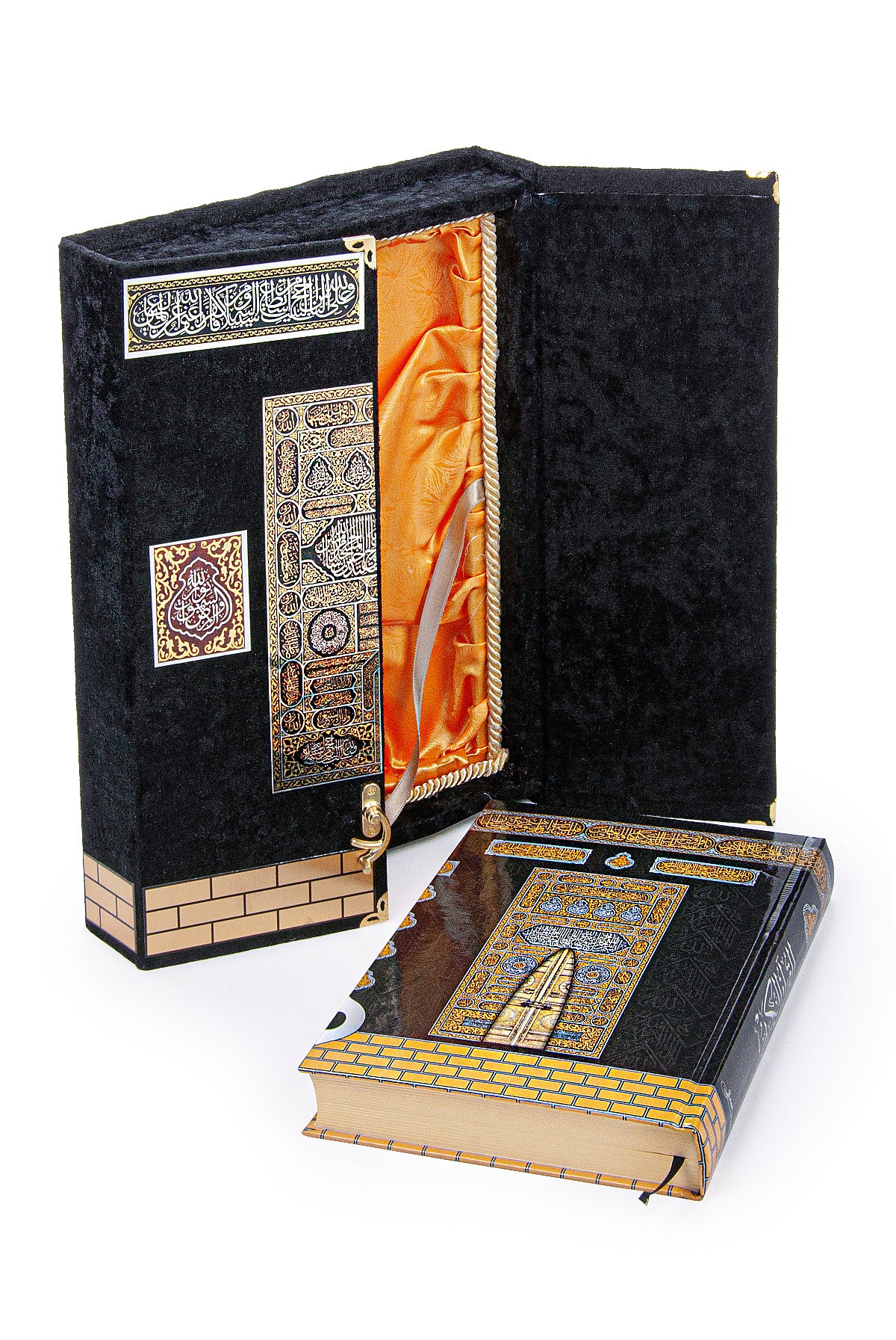 Velvet Covered Holy Quran Set and Kaaba Door Paterned Box with Stand - ihvan