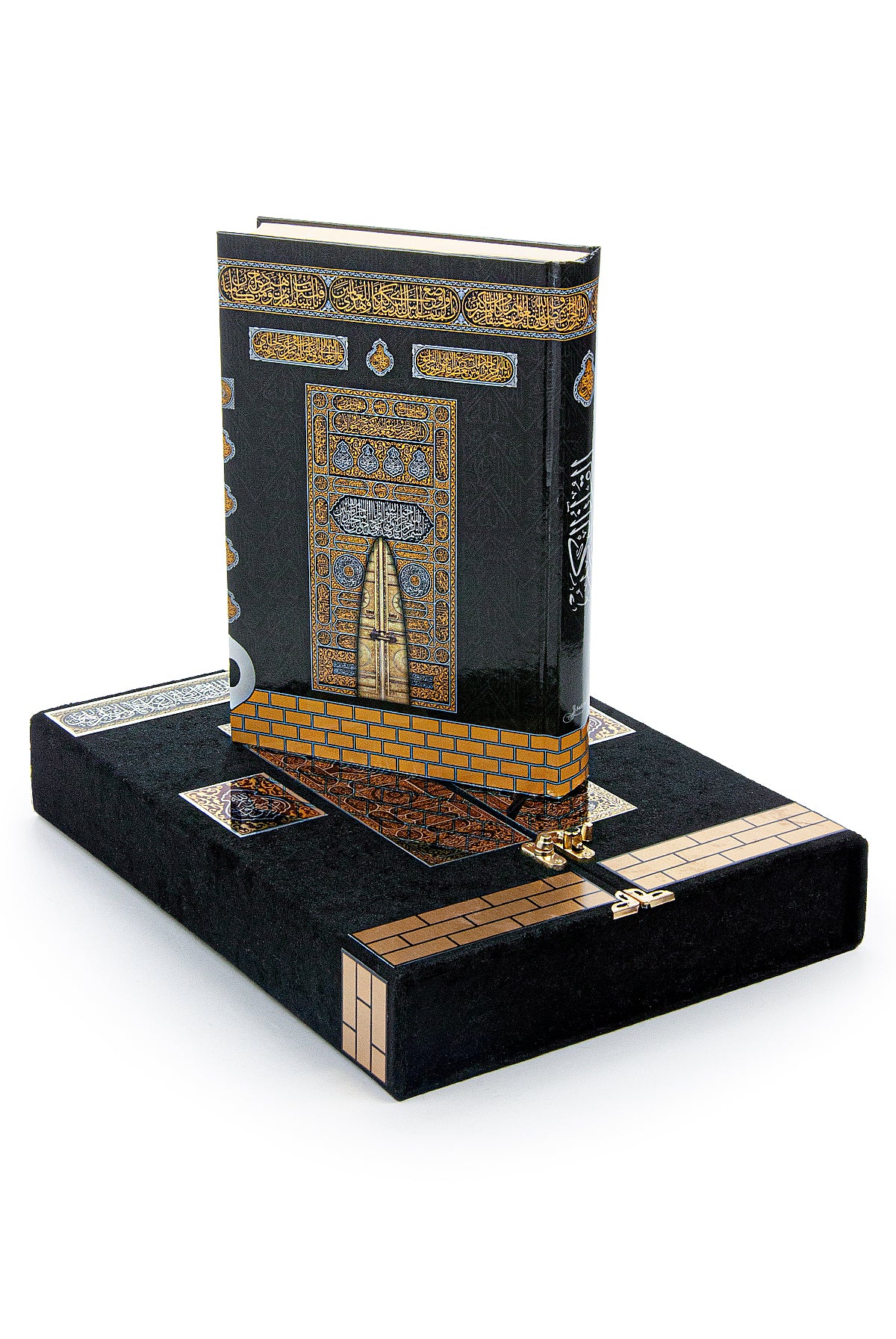 Velvet Covered Holy Quran Set and Kaaba Door Paterned Box with Stand - ihvan