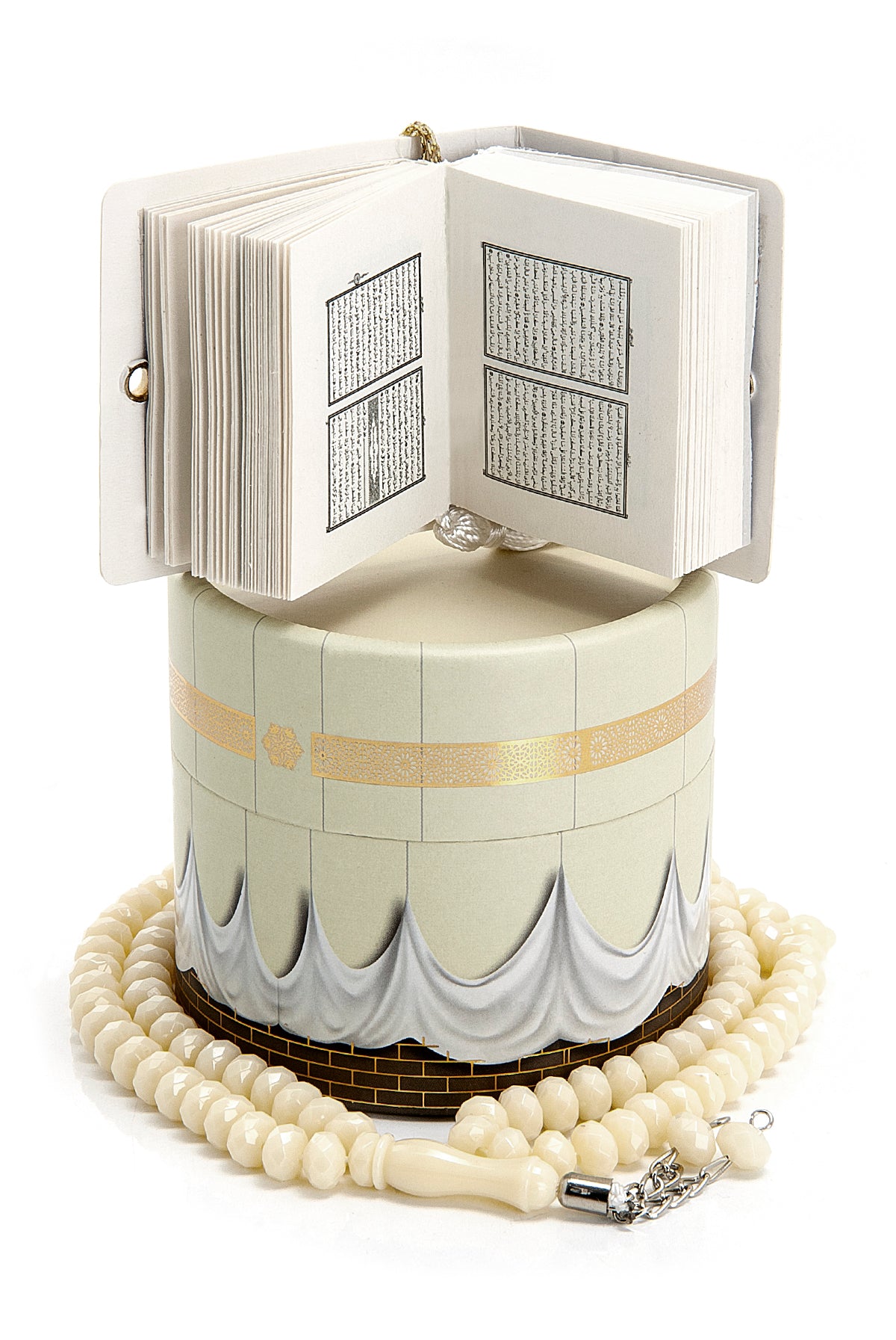 Velvet Covered Mini Quran & Prayer Beads Rosary with Kaaba Designed Cylinder Gift Box, Ramadan & Eid Gift - ihvan