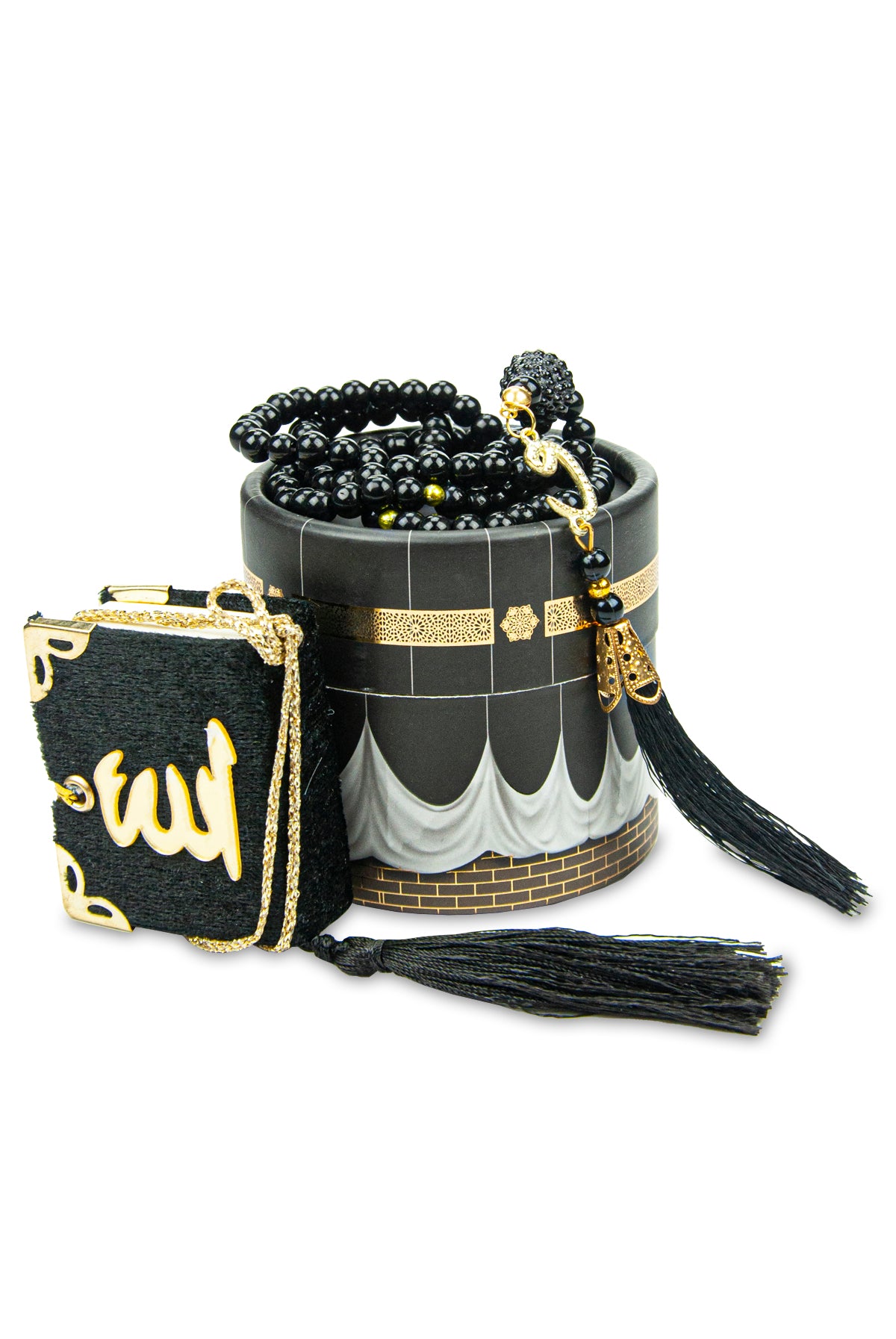 Velvet Covered Mini Quran & Prayer Beads Rosary with Kaaba Designed Cylinder Gift Box, Ramadan & Eid Gift - ihvan