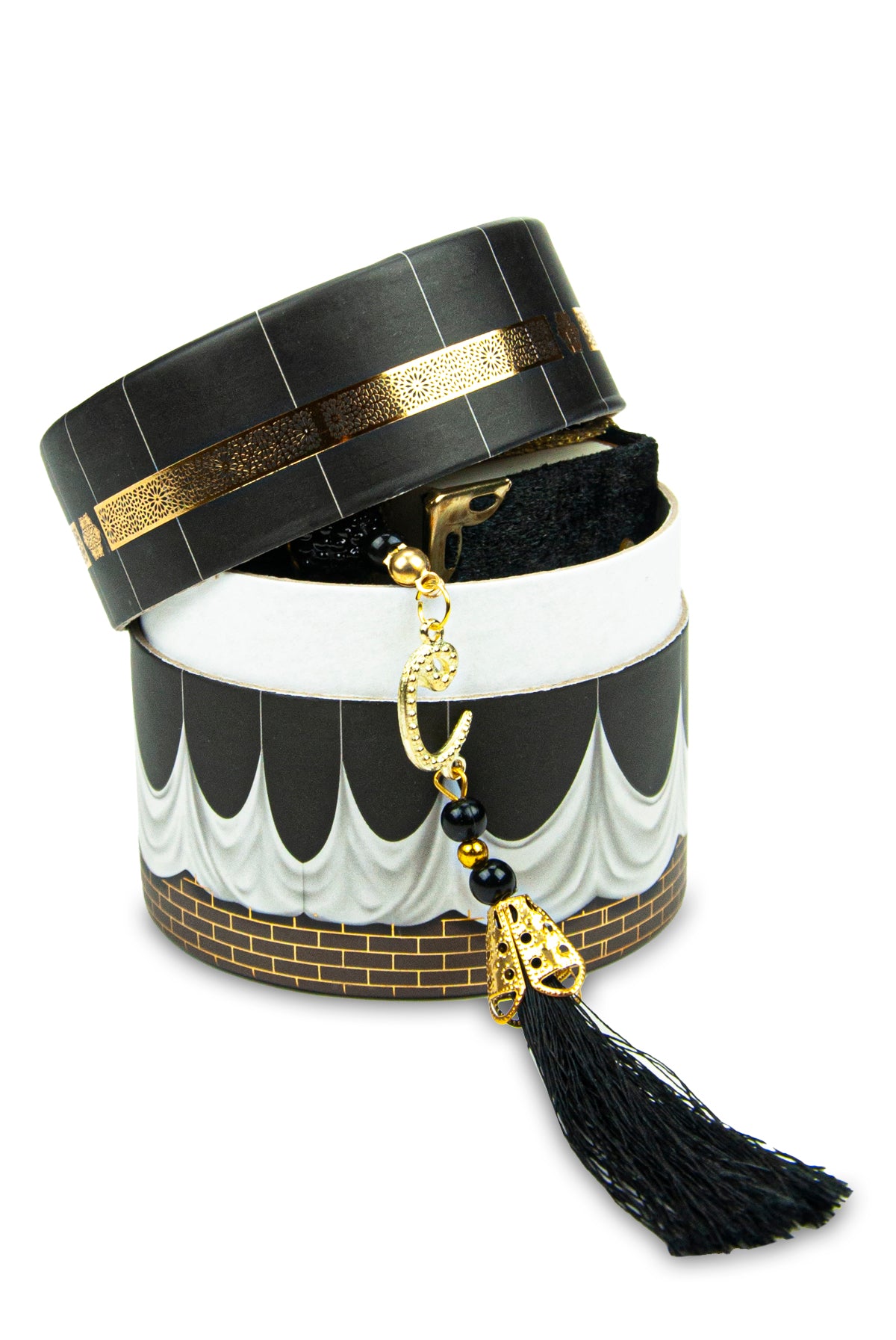 Velvet Covered Mini Quran & Prayer Beads Rosary with Kaaba Designed Cylinder Gift Box, Ramadan & Eid Gift - ihvan