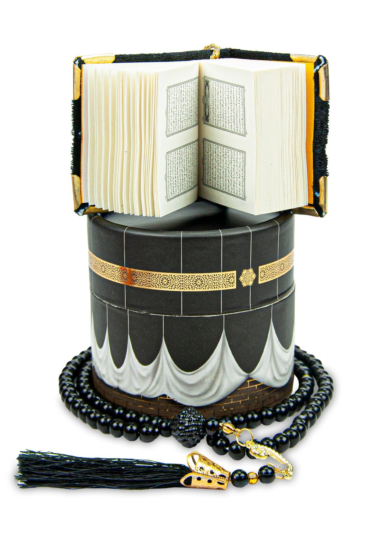 Velvet Covered Mini Quran & Prayer Beads Rosary with Kaaba Designed Cylinder Gift Box, Ramadan & Eid Gift - ihvan