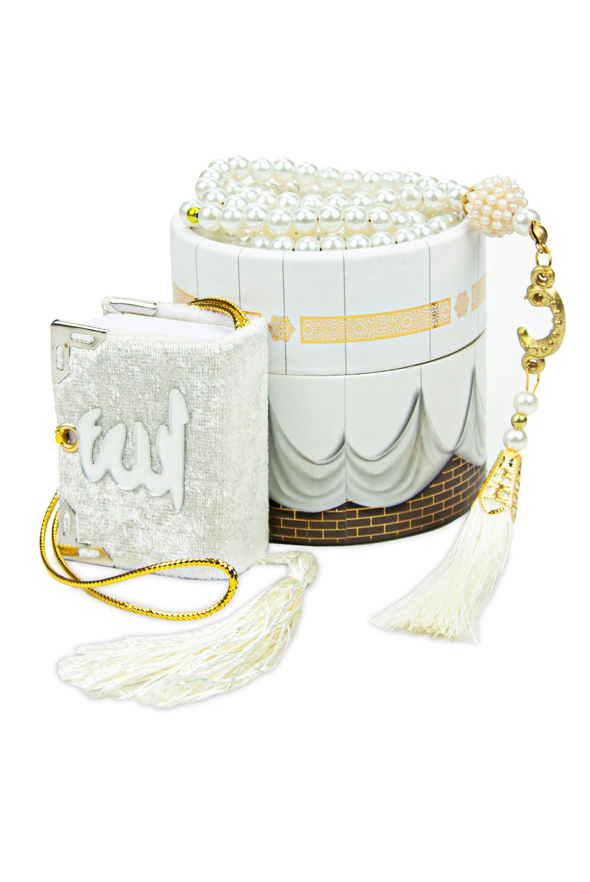 Velvet Covered Mini Quran & Prayer Beads Rosary with Kaaba Designed Cylinder Gift Box, Ramadan & Eid Gift - ihvan