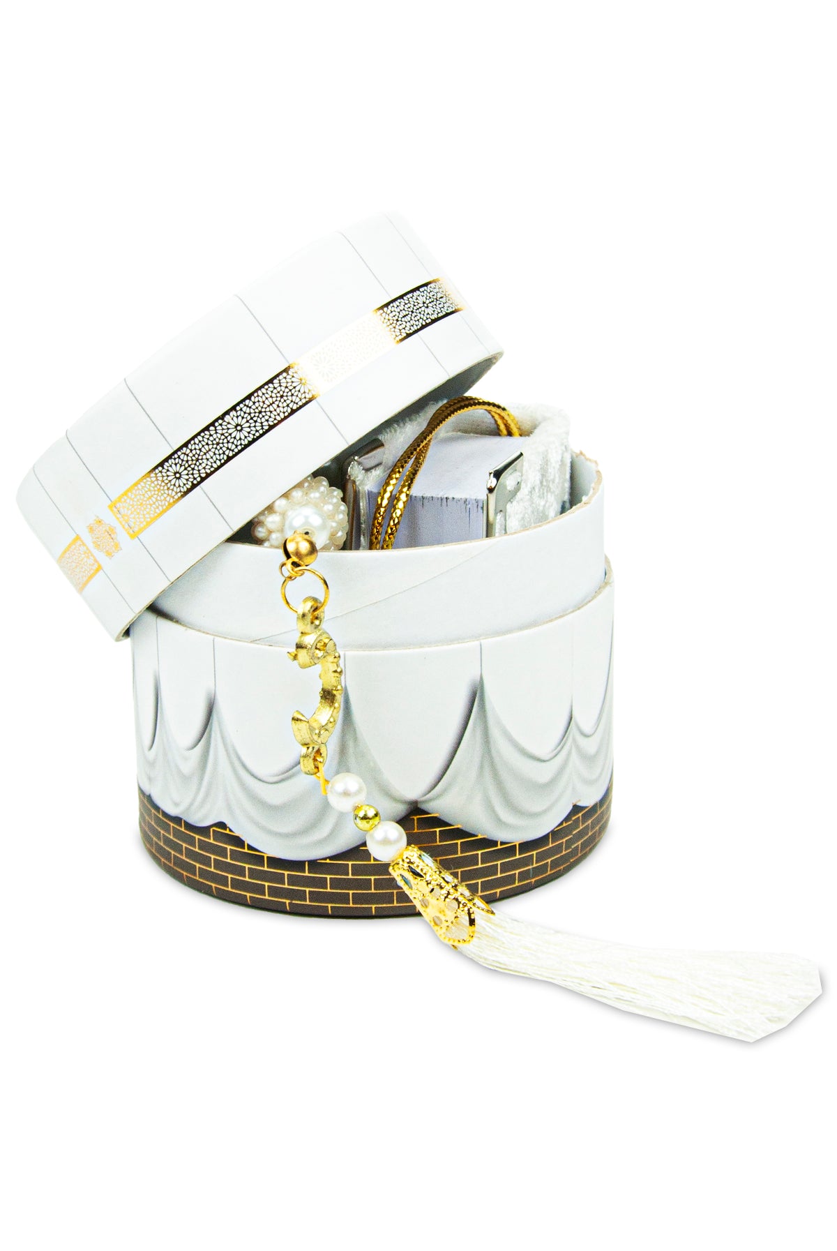 Velvet Covered Mini Quran & Prayer Beads Rosary with Kaaba Designed Cylinder Gift Box, Ramadan & Eid Gift - ihvan