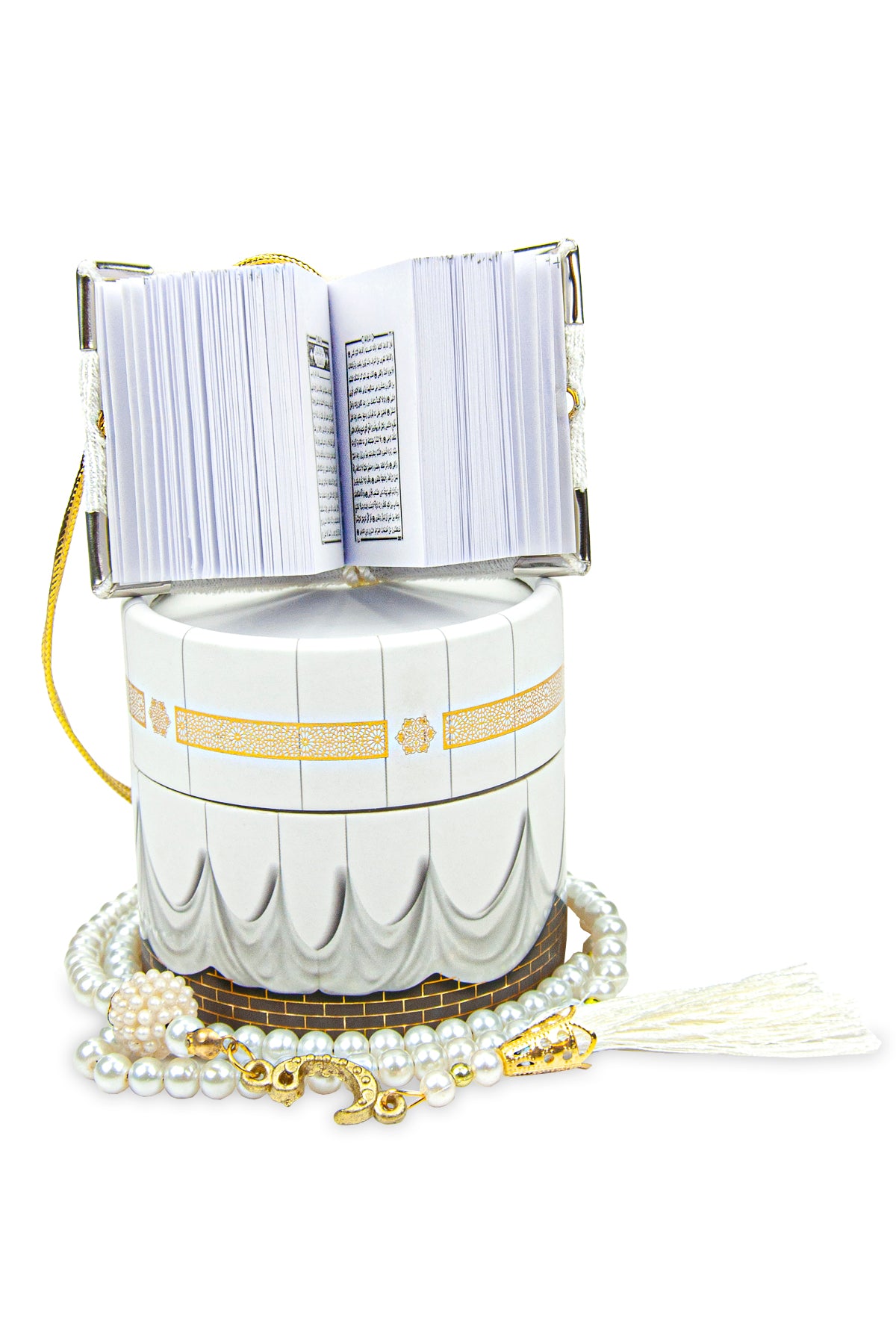 Velvet Covered Mini Quran & Prayer Beads Rosary with Kaaba Designed Cylinder Gift Box, Ramadan & Eid Gift - ihvan