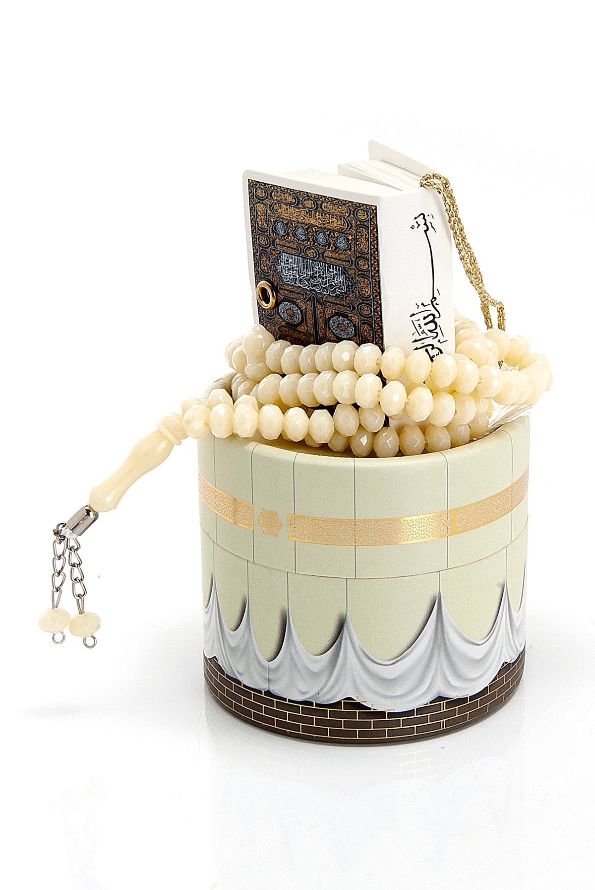 Velvet Covered Mini Quran & Prayer Beads Rosary with Kaaba Designed Cylinder Gift Box, Ramadan & Eid Gift - ihvan