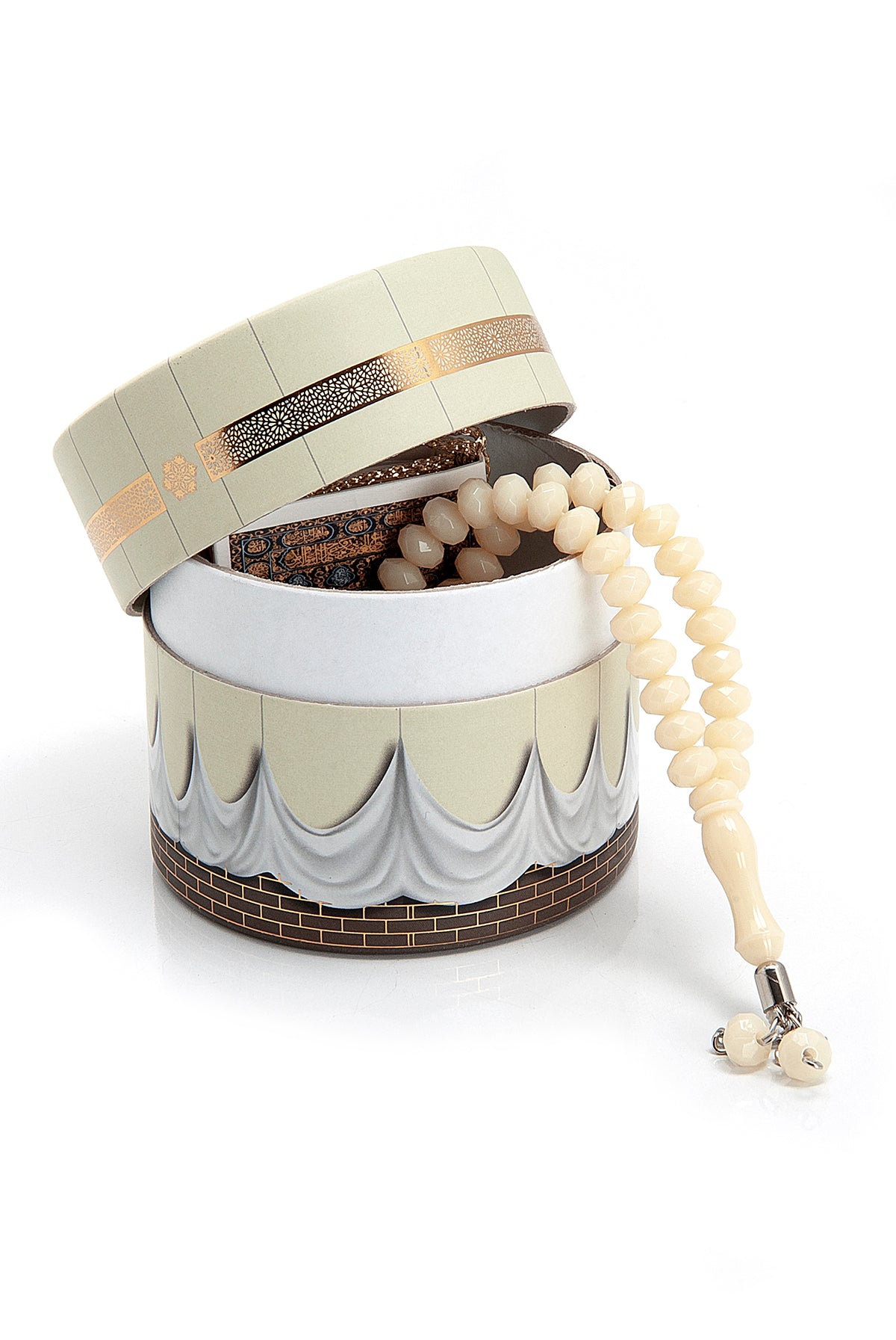 Velvet Covered Mini Quran & Prayer Beads Rosary with Kaaba Designed Cylinder Gift Box, Ramadan & Eid Gift - ihvan