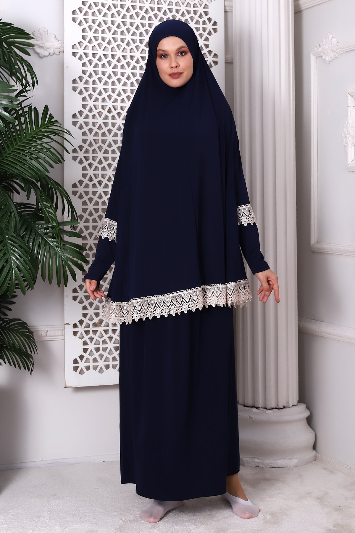 Two-Piece Muslim Prayer Dress with Lace Detail | Modest Islamic Abaya Set with Skirt and Hijab - Ihvan