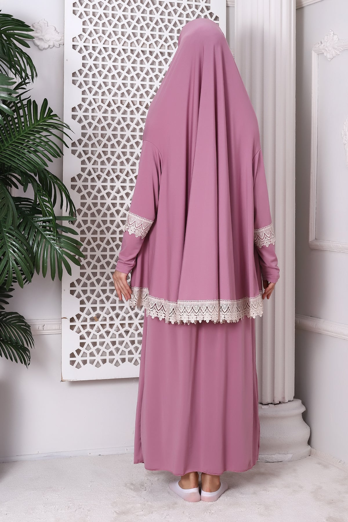 Two-Piece Muslim Prayer Dress with Lace Detail | Modest Islamic Abaya Set with Skirt and Hijab - Ihvan