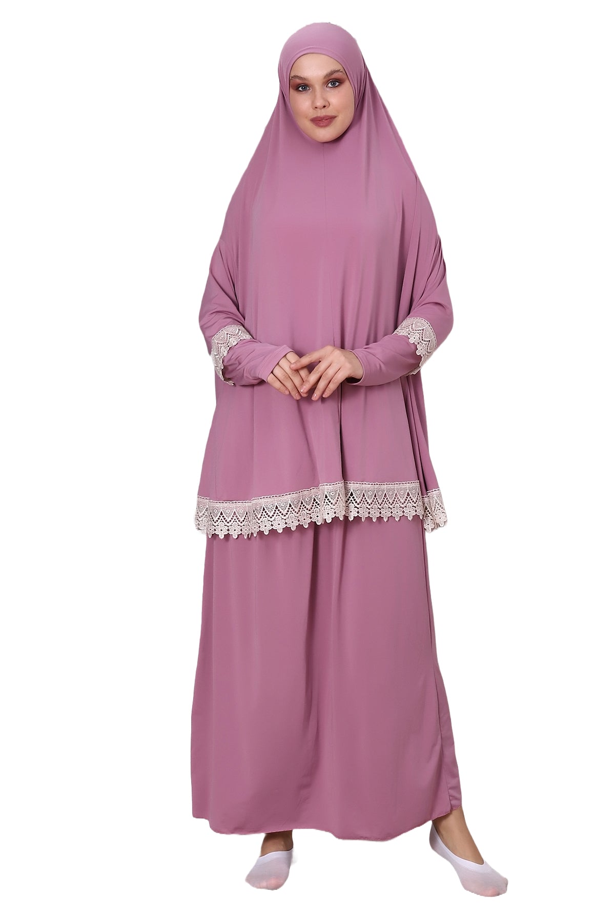 Two-Piece Muslim Prayer Dress with Lace Detail | Modest Islamic Abaya Set with Skirt and Hijab - Ihvan