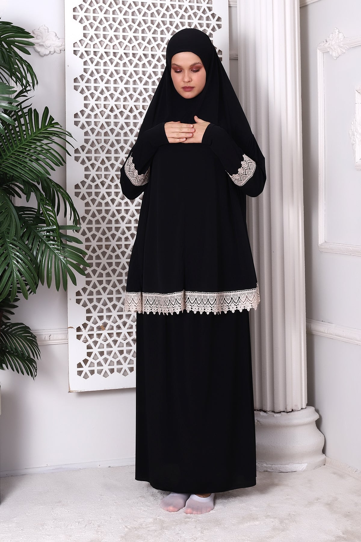 Two-Piece Muslim Prayer Dress with Lace Detail | Modest Islamic Abaya Set with Skirt and Hijab - Ihvan