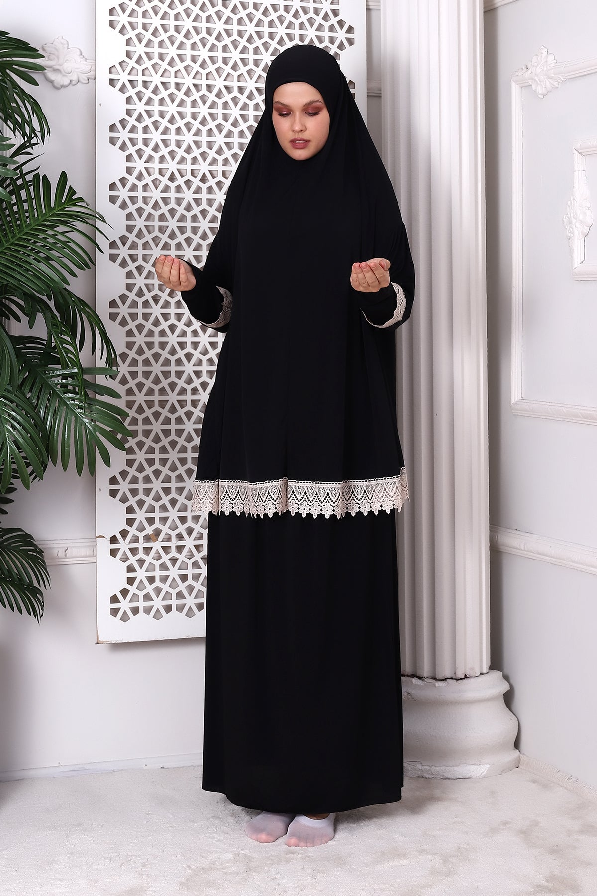 Two-Piece Muslim Prayer Dress with Lace Detail | Modest Islamic Abaya Set with Skirt and Hijab - Ihvan