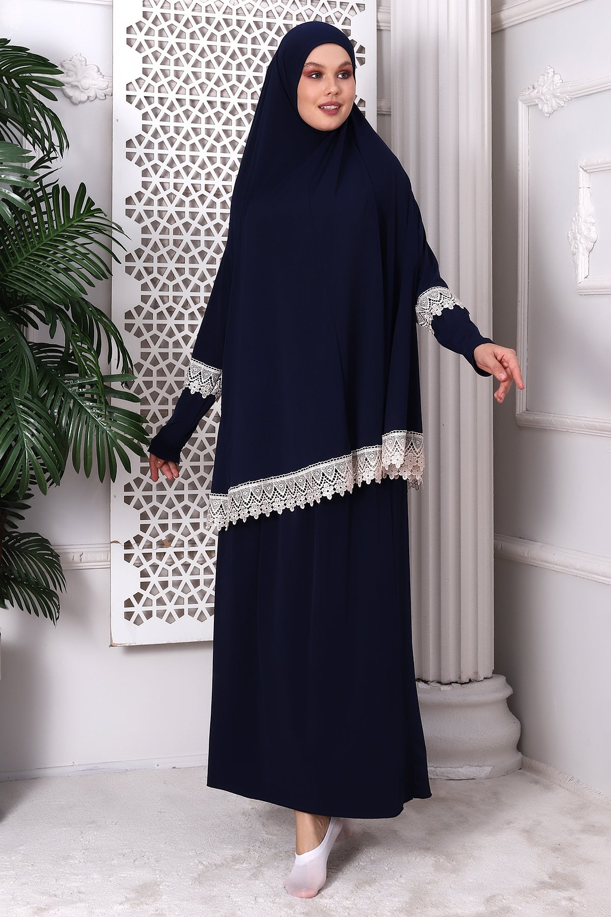 Two-Piece Muslim Prayer Dress with Lace Detail | Modest Islamic Abaya Set with Skirt and Hijab - Ihvan