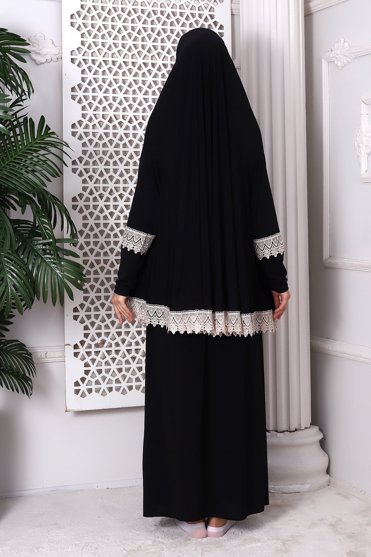 Two-Piece Muslim Prayer Dress with Lace Detail | Modest Islamic Abaya Set with Skirt and Hijab - Ihvan