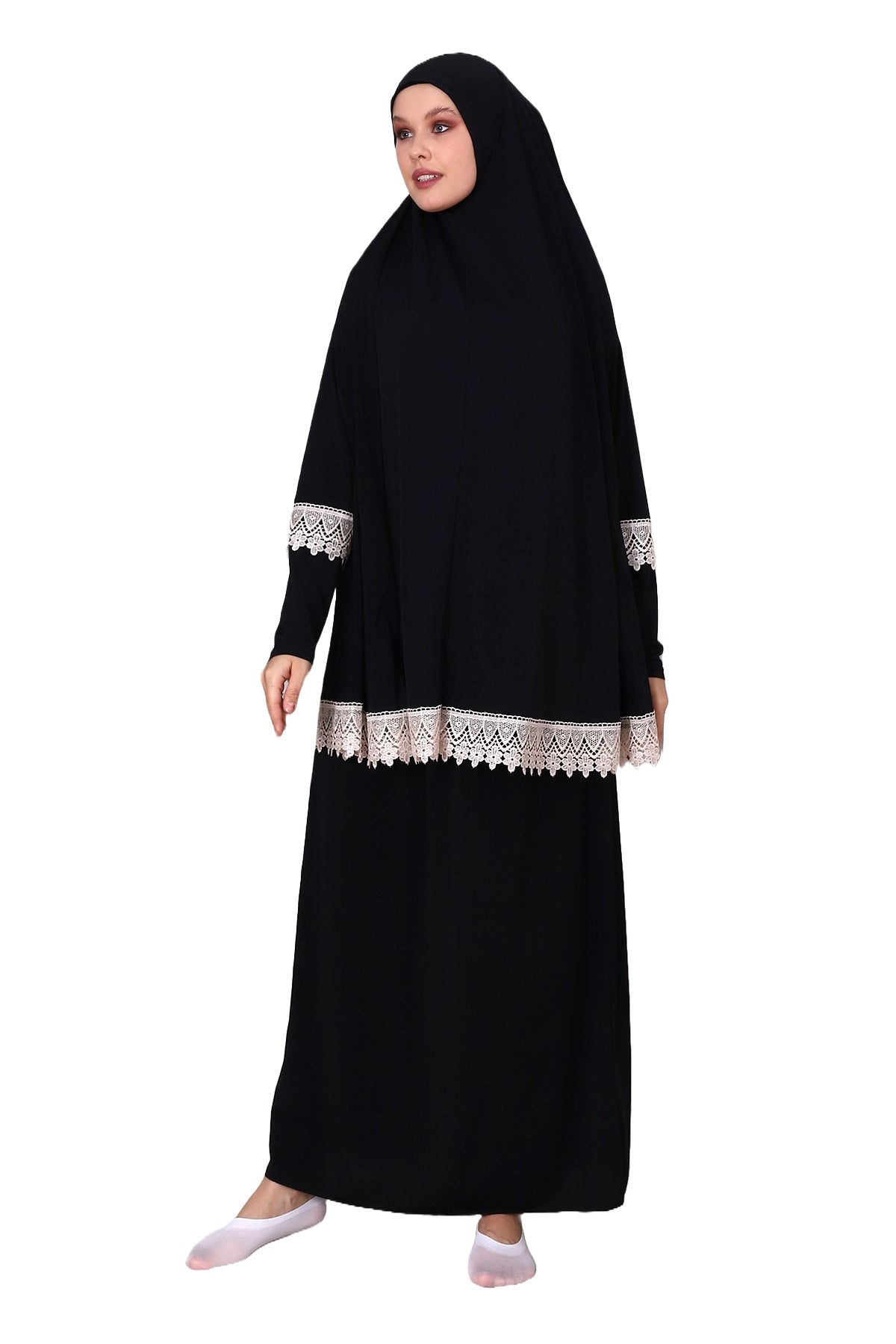 Two-Piece Muslim Prayer Dress with Lace Detail | Modest Islamic Abaya Set with Skirt and Hijab - Ihvan