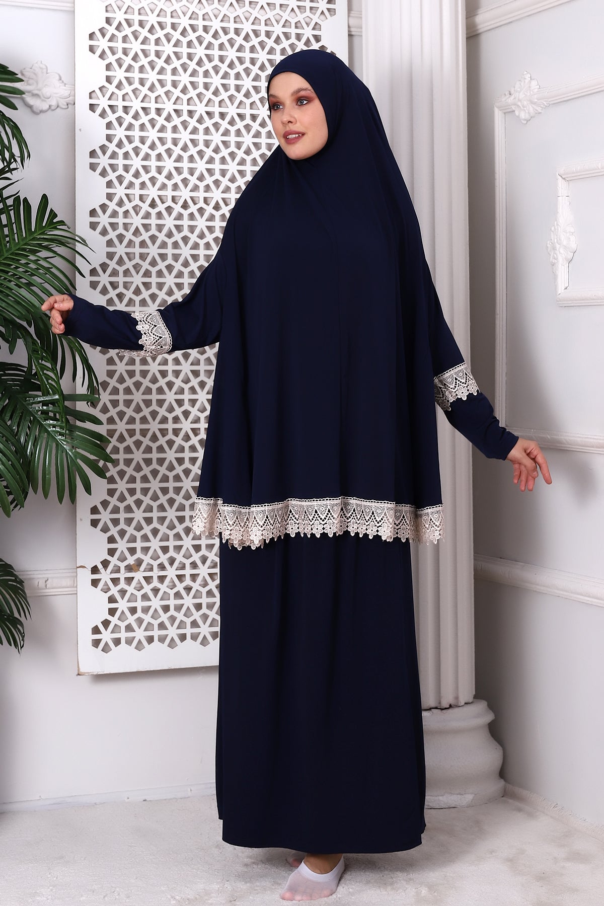 Two-Piece Muslim Prayer Dress with Lace Detail | Modest Islamic Abaya Set with Skirt and Hijab - Ihvan