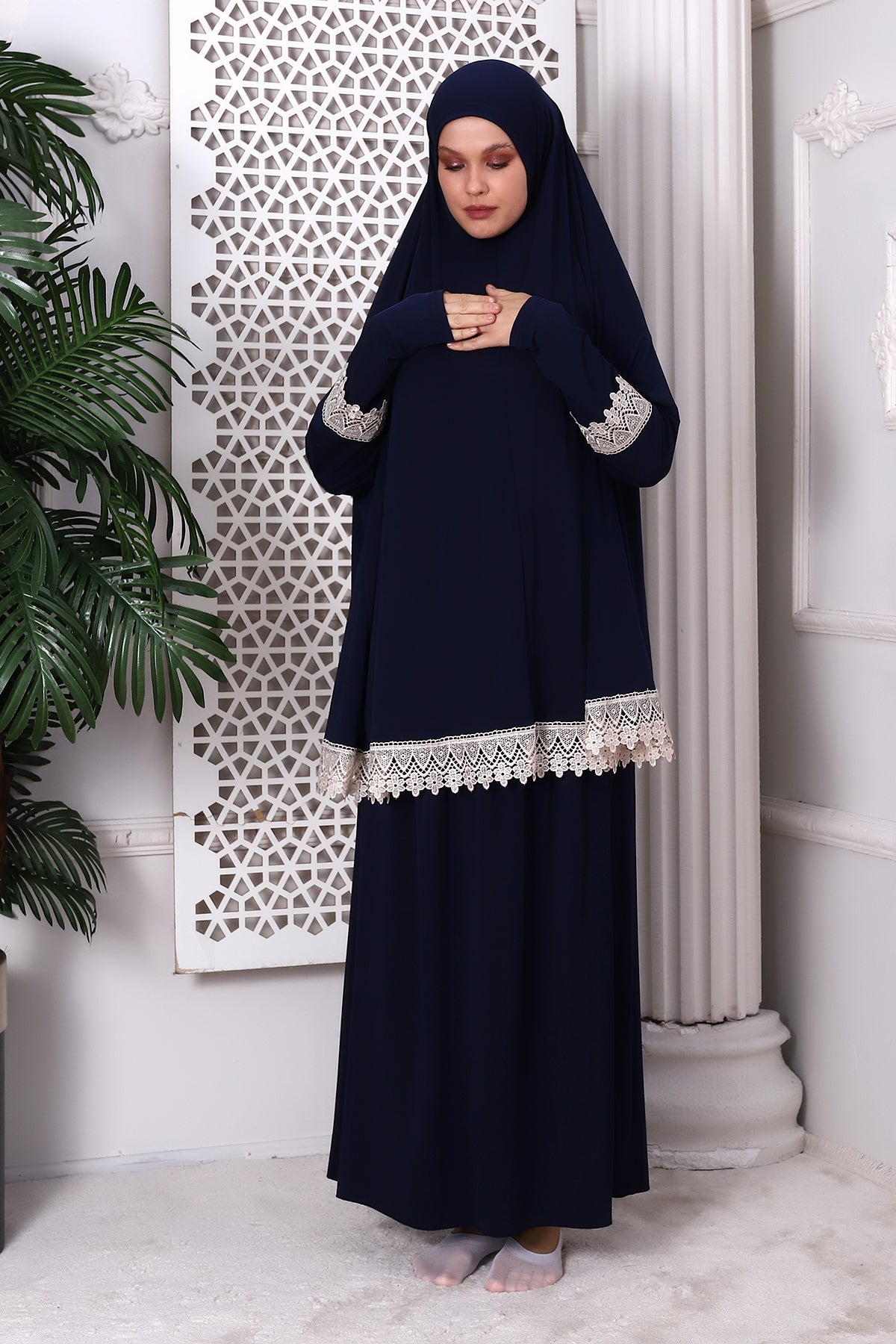 Two-Piece Muslim Prayer Dress with Lace Detail | Modest Islamic Abaya Set with Skirt and Hijab - Ihvan