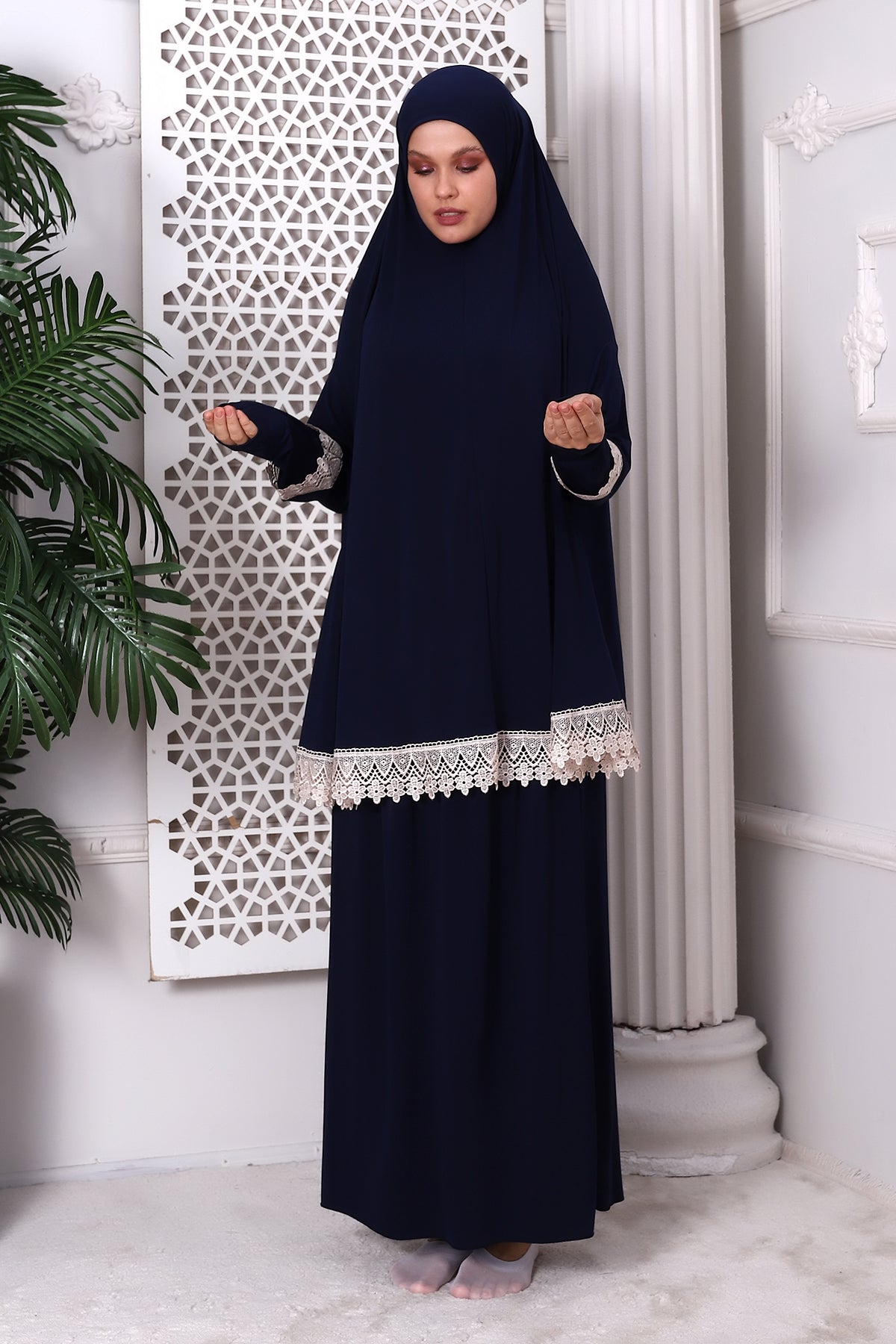 Two-Piece Muslim Prayer Dress with Lace Detail | Modest Islamic Abaya Set with Skirt and Hijab - Ihvan
