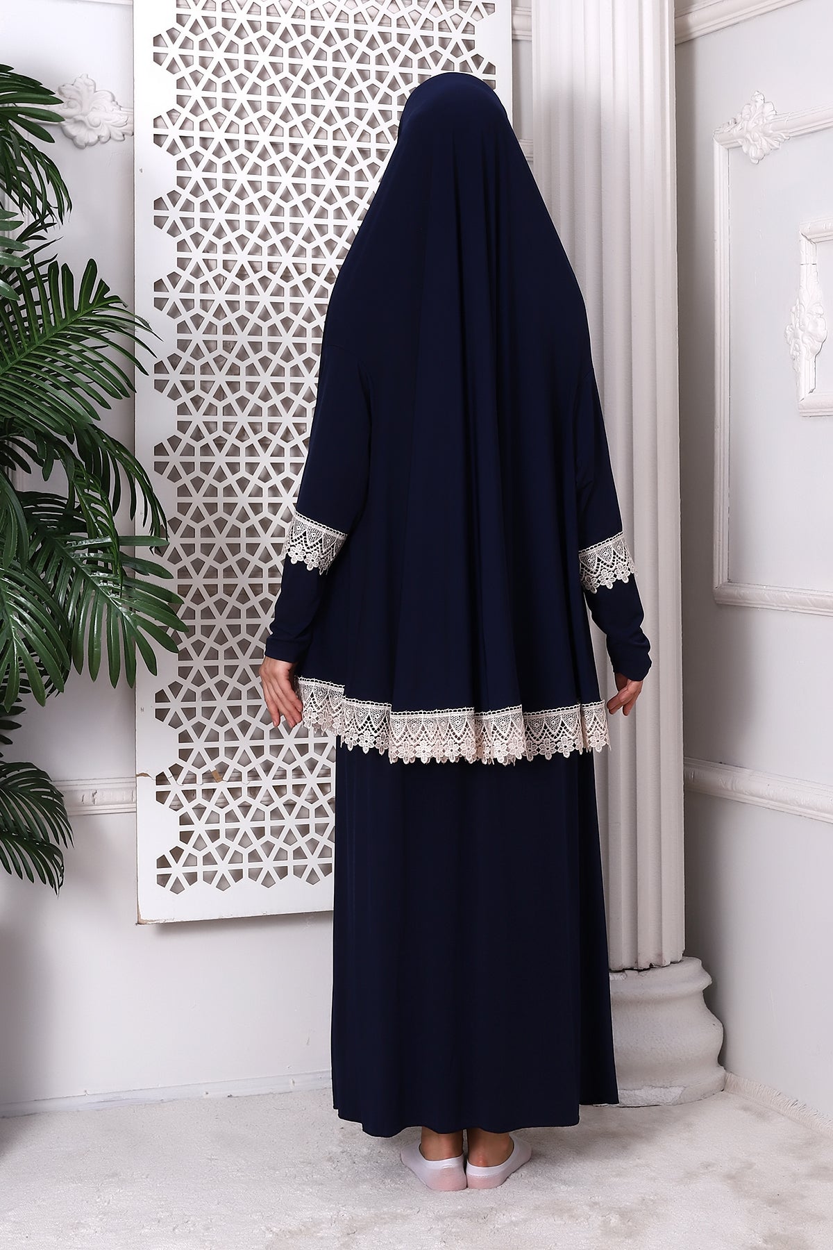 Two-Piece Muslim Prayer Dress with Lace Detail | Modest Islamic Abaya Set with Skirt and Hijab - Ihvan