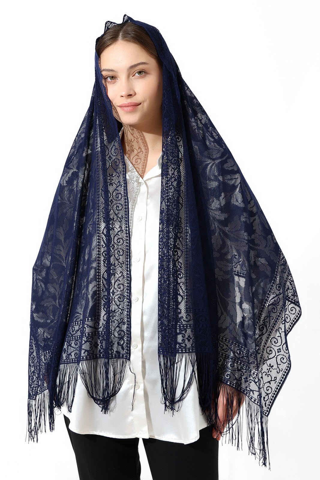 Elegant Cotton Tulle Islamic Shawl | Lace-Edged Lightweight Hijab | Muslim Head Scarf - Navy - Ihvan
