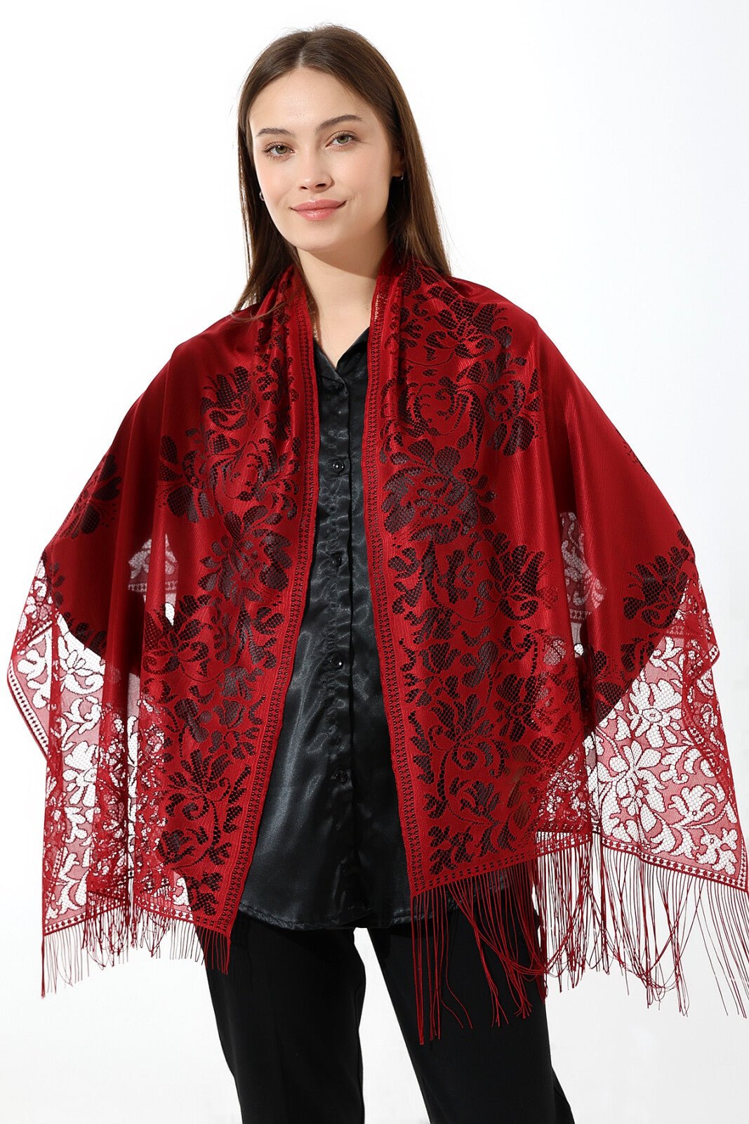 Elegant Cotton Tulle Islamic Shawl | Lace-Edged Lightweight Hijab | Muslim Head Scarf - Red - Ihvan
