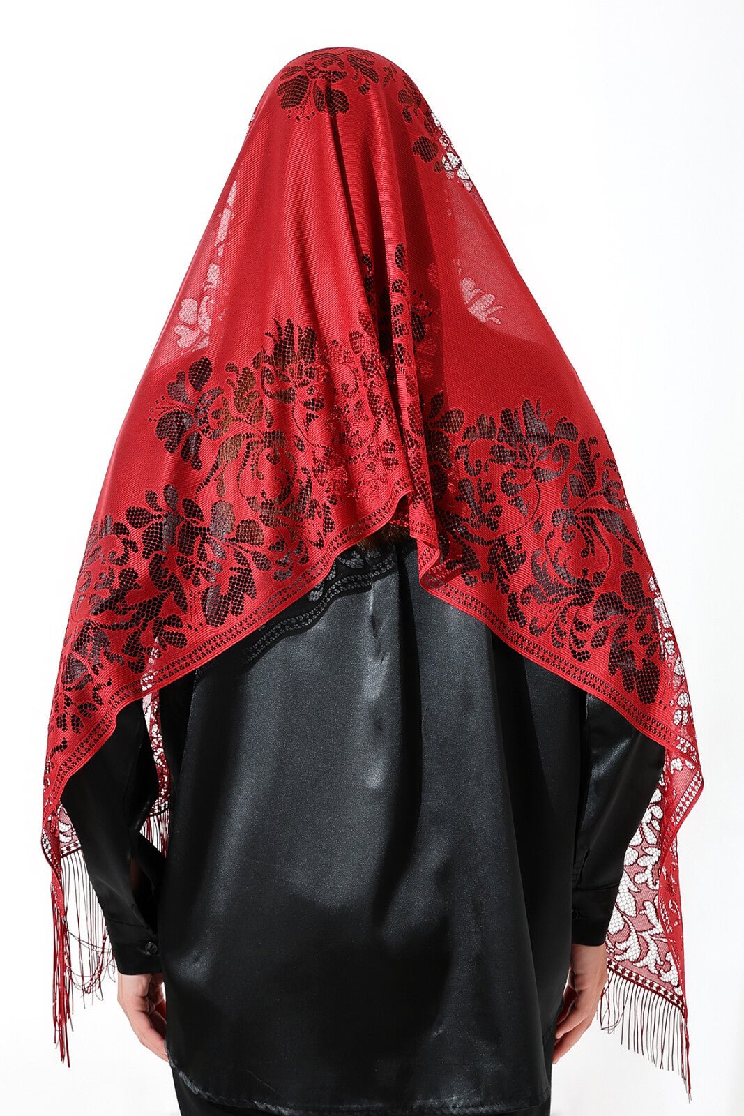Elegant Cotton Tulle Islamic Shawl | Lace-Edged Lightweight Hijab | Muslim Head Scarf - Red - Ihvan