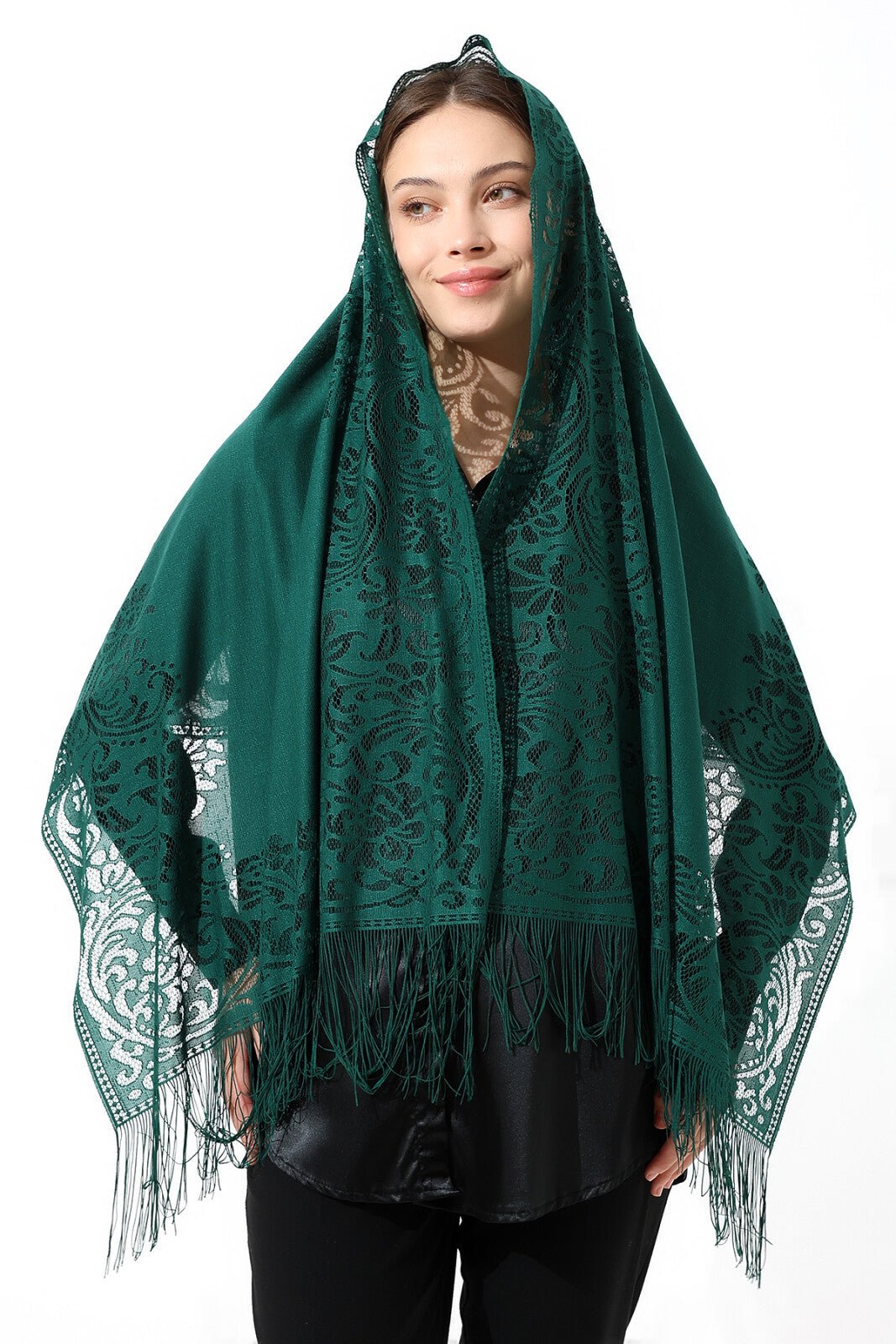 Elegant Cotton Tulle Islamic Shawl | Lace-Edged Lightweight Hijab | Muslim Head Scarf - Green - Ihvan