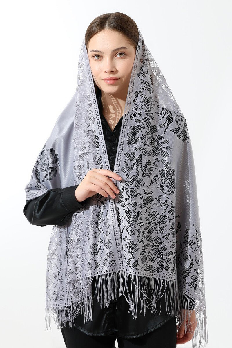 Elegant Cotton Tulle Islamic Shawl | Lace-Edged Lightweight Hijab | Muslim Head Scarf - Gray - Ihvan