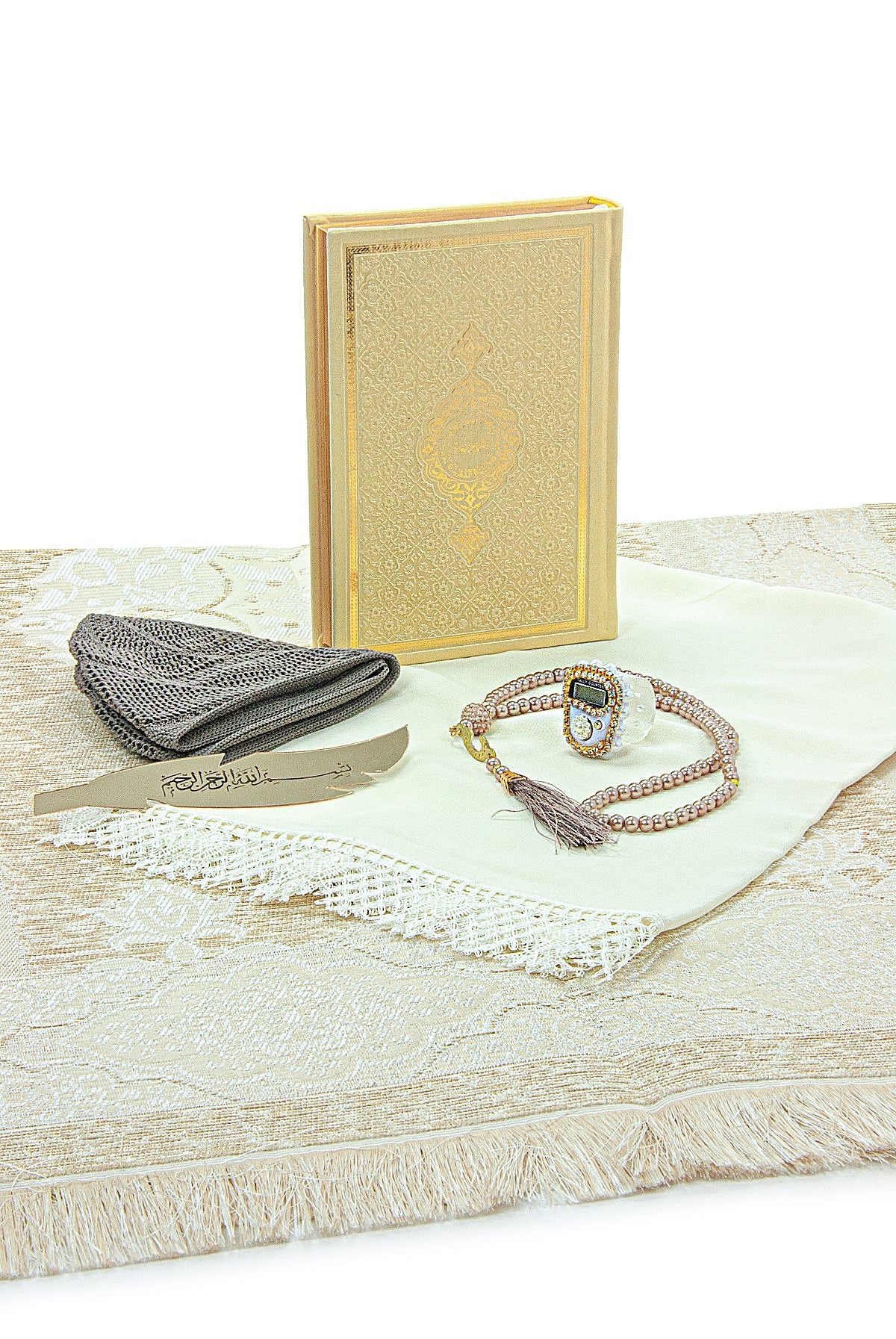 Holy Quran and Prayer Rug Set with Velvet Covered Pearl Case - ihvan