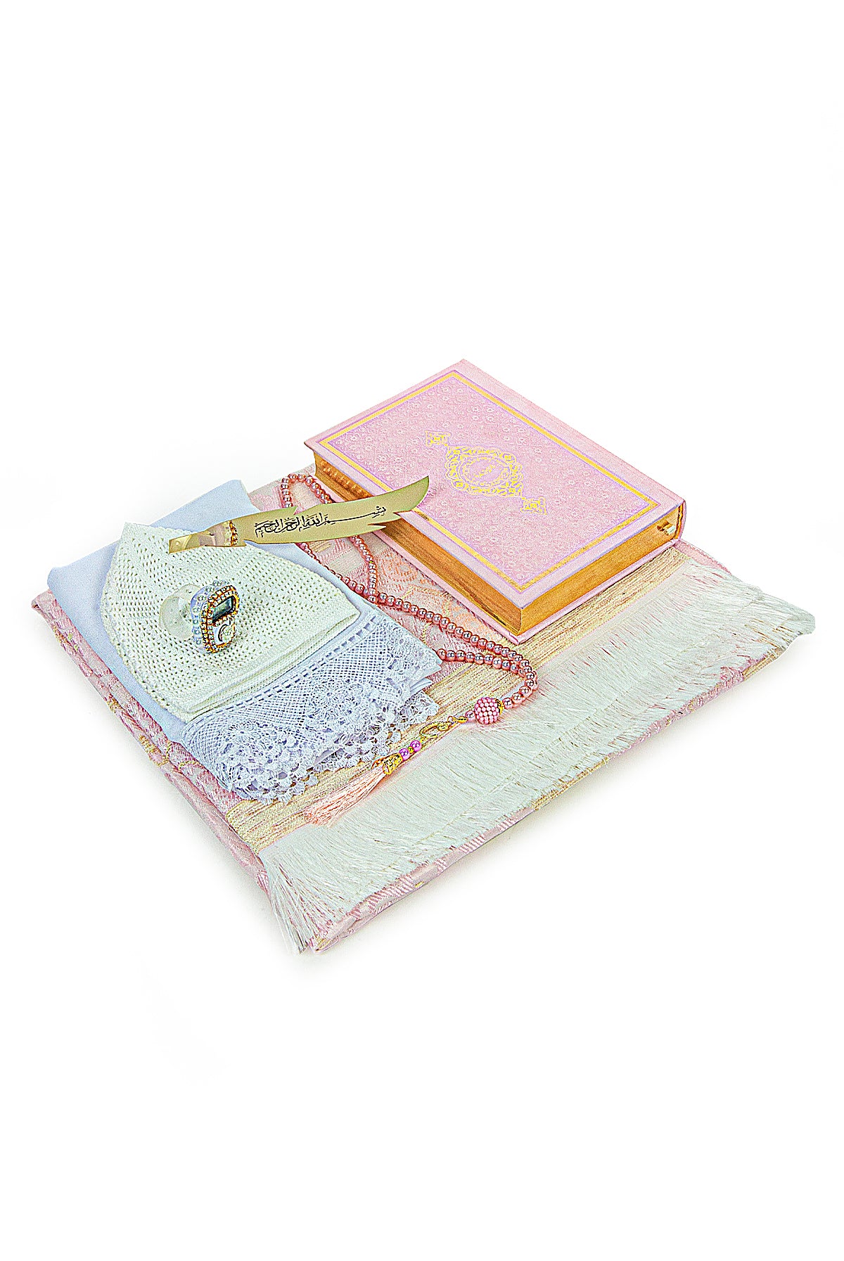 Holy Quran and Prayer Rug Set with Velvet Covered Pearl Case - ihvan