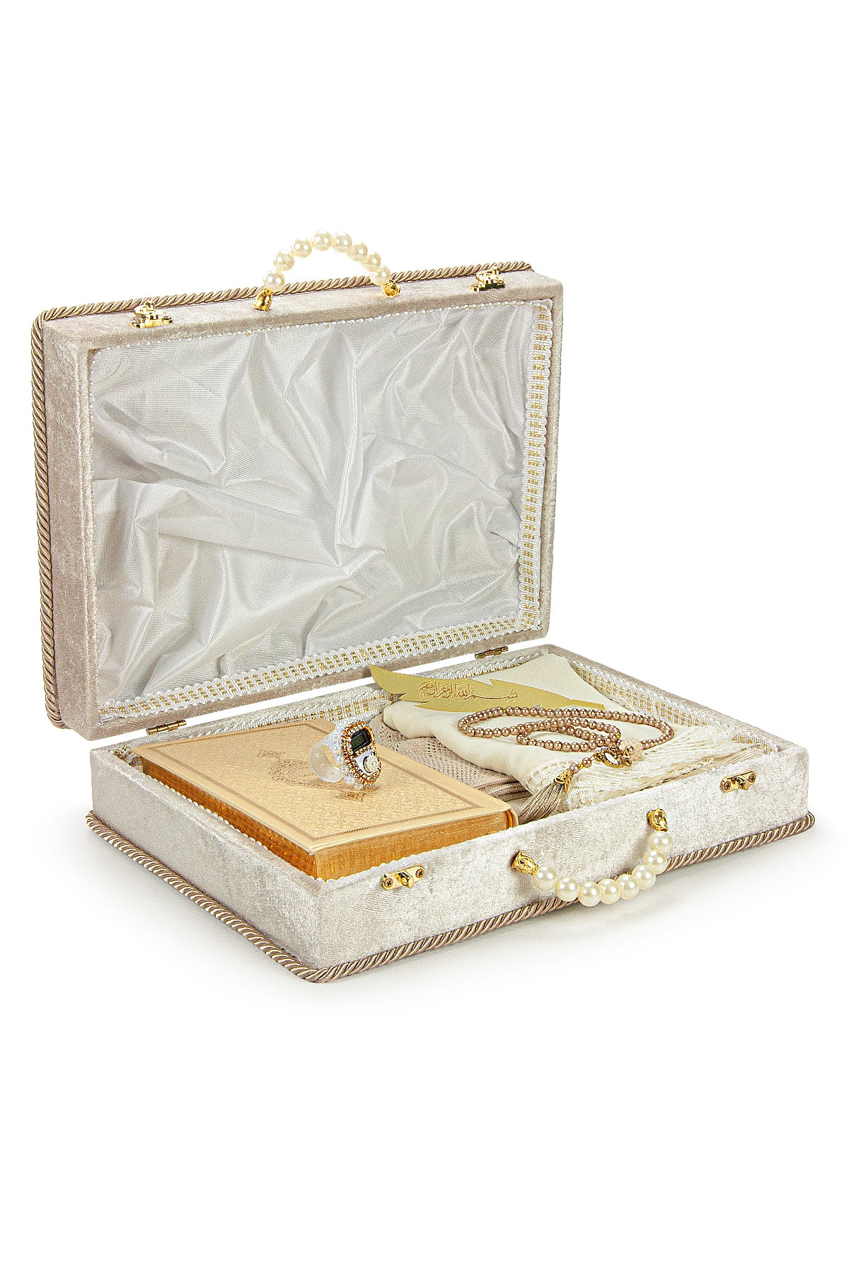 Holy Quran and Prayer Rug Set with Velvet Covered Pearl Case - ihvan