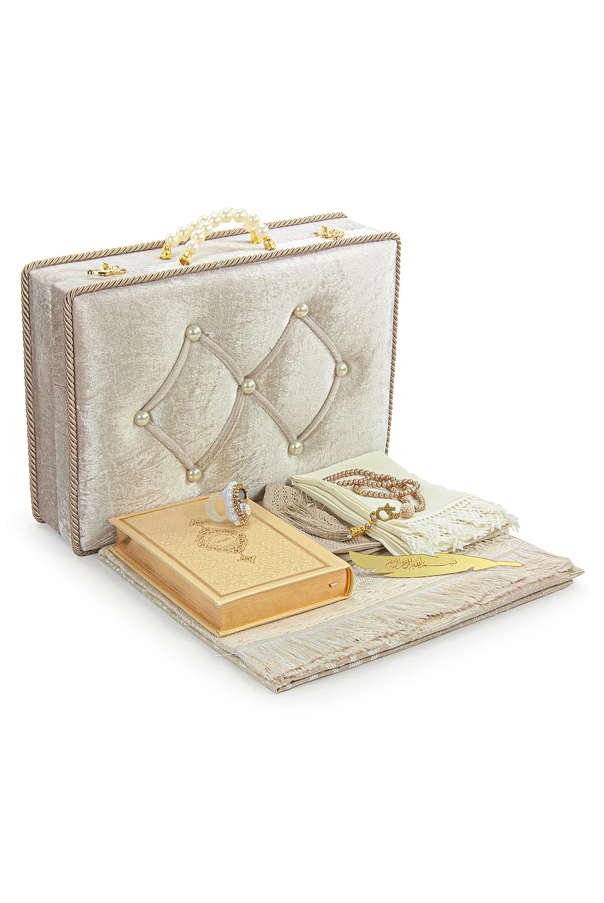 Holy Quran and Prayer Rug Set with Velvet Covered Pearl Case - ihvan