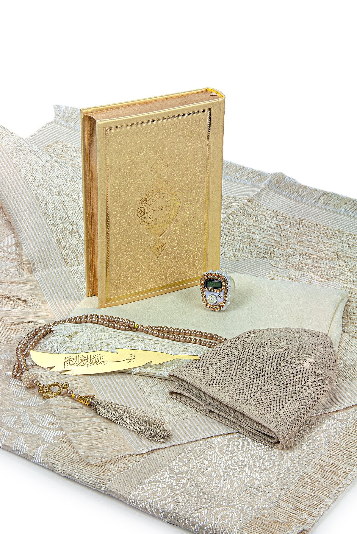 Holy Quran and Prayer Rug Set with Velvet Covered Pearl Case - ihvan