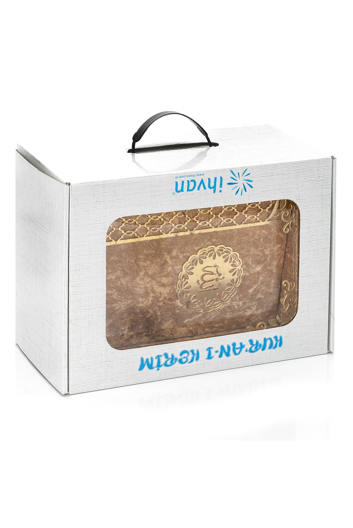 Velvet Covered Holy Quran Gift Set | Gold Embellished Glass-Top Rehal Box | Decorative Islamic Display for Ramadan & Eid - Ihvan
