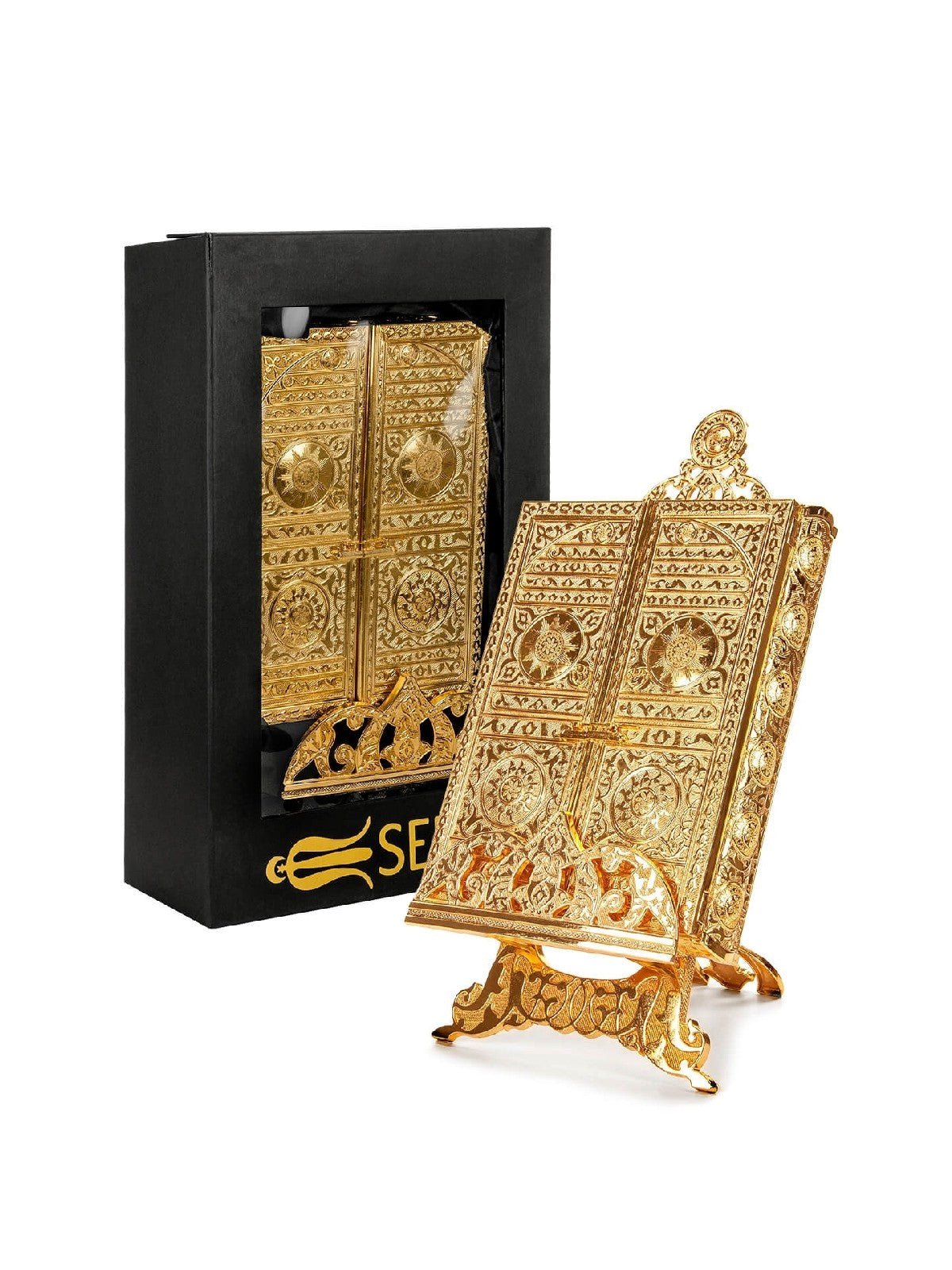Islamic Metal Quran Box with Stan,Islamic Table Decorations for Home, Gold - ihvan