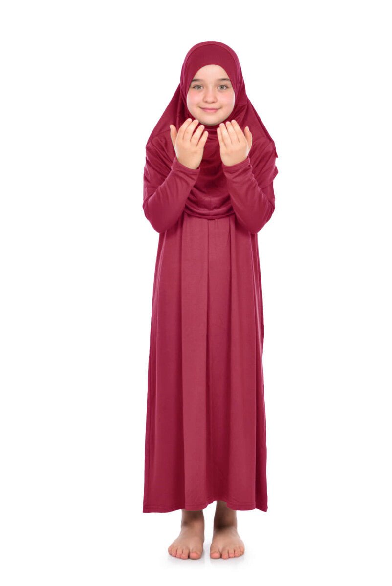 One - Piece Long Sleeve Islamic Prayer Dress with Head Scarf for Girls - ihvan