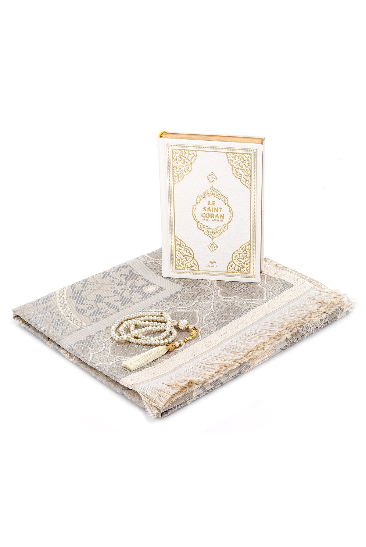 French Quran Gift Set | Holy Qur'an & Prayer Rug (Sajadah, Janamaz) & Tasbih & Gift Box - Ihvan