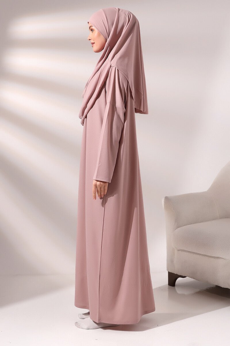 Rose Pink Muslim Prayer Dress Set | One-Piece Islamic Abaya with Hijab & Sajadah & Tasbih & Pouch - Ihvan