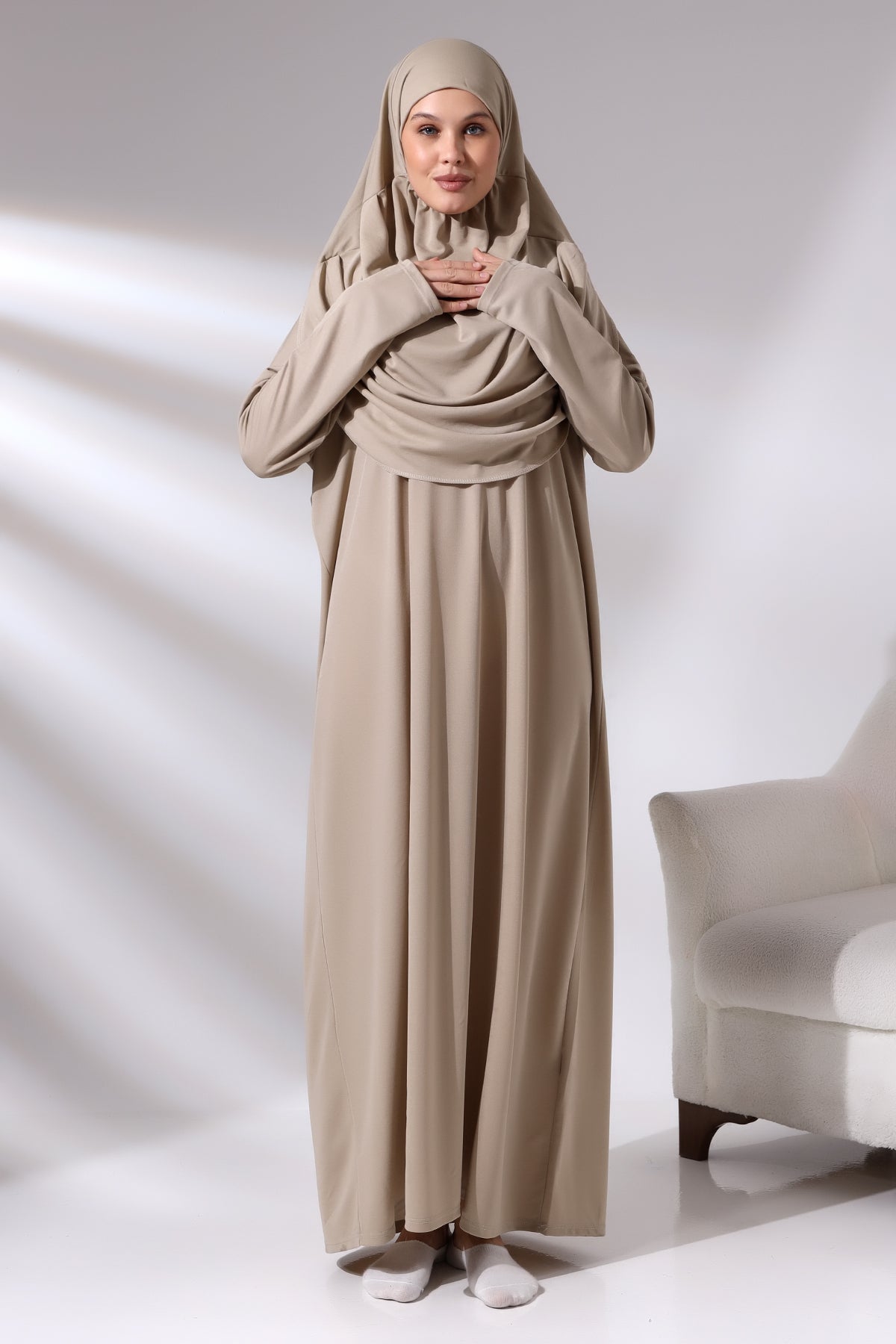 One - Piece Full - Length Long Sleeve Hijab Abaya Dresses for Women with Prayer Rug & Rosary - ihvan